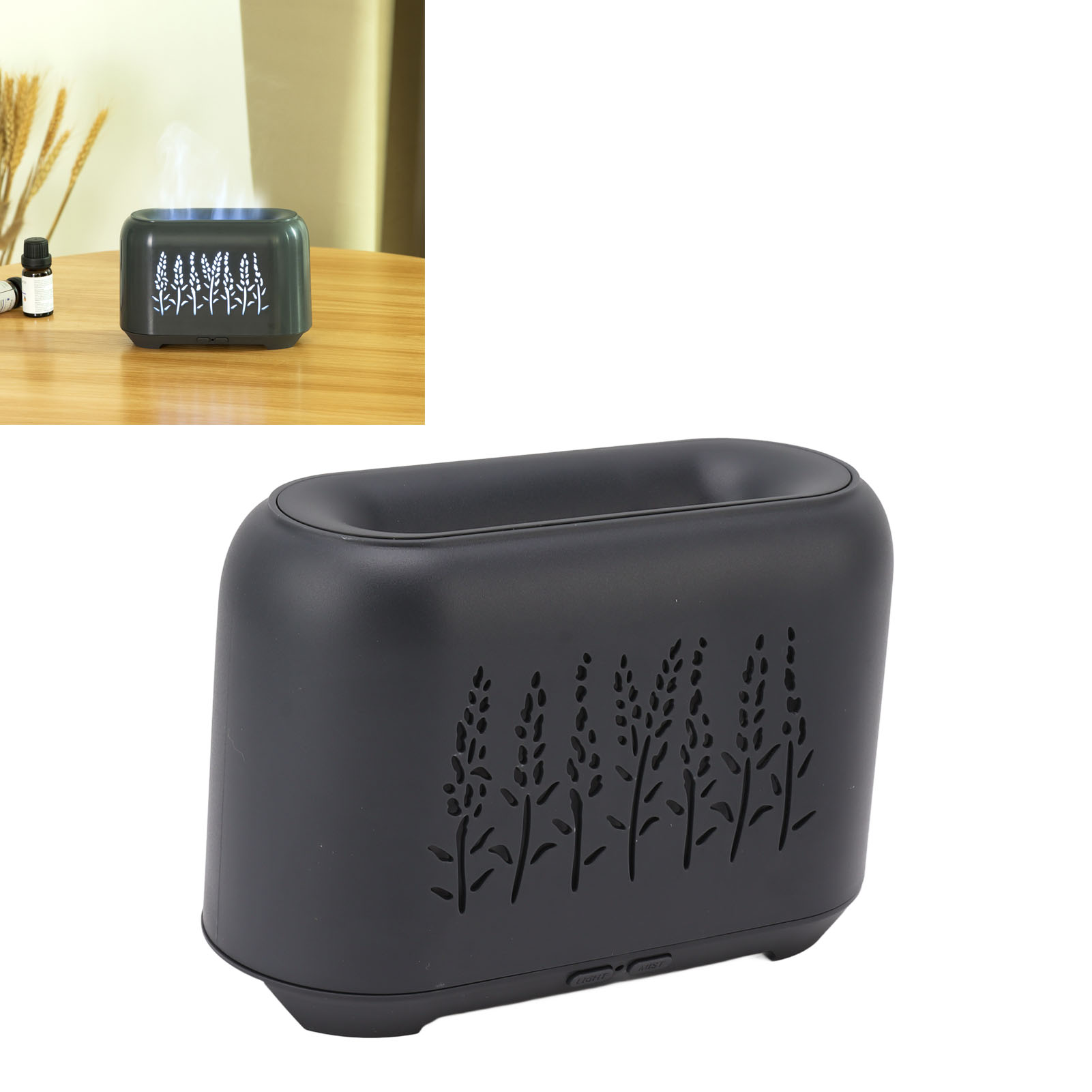 3d-flammen-aroma-diffusor, 130-ml-luftbefeuchter In Form Von Hohlen Weizenähren Mit Farbiger Usb-beleuchtung, Mini-luftbefeuchter Mit Grau-schwarzer Flamme