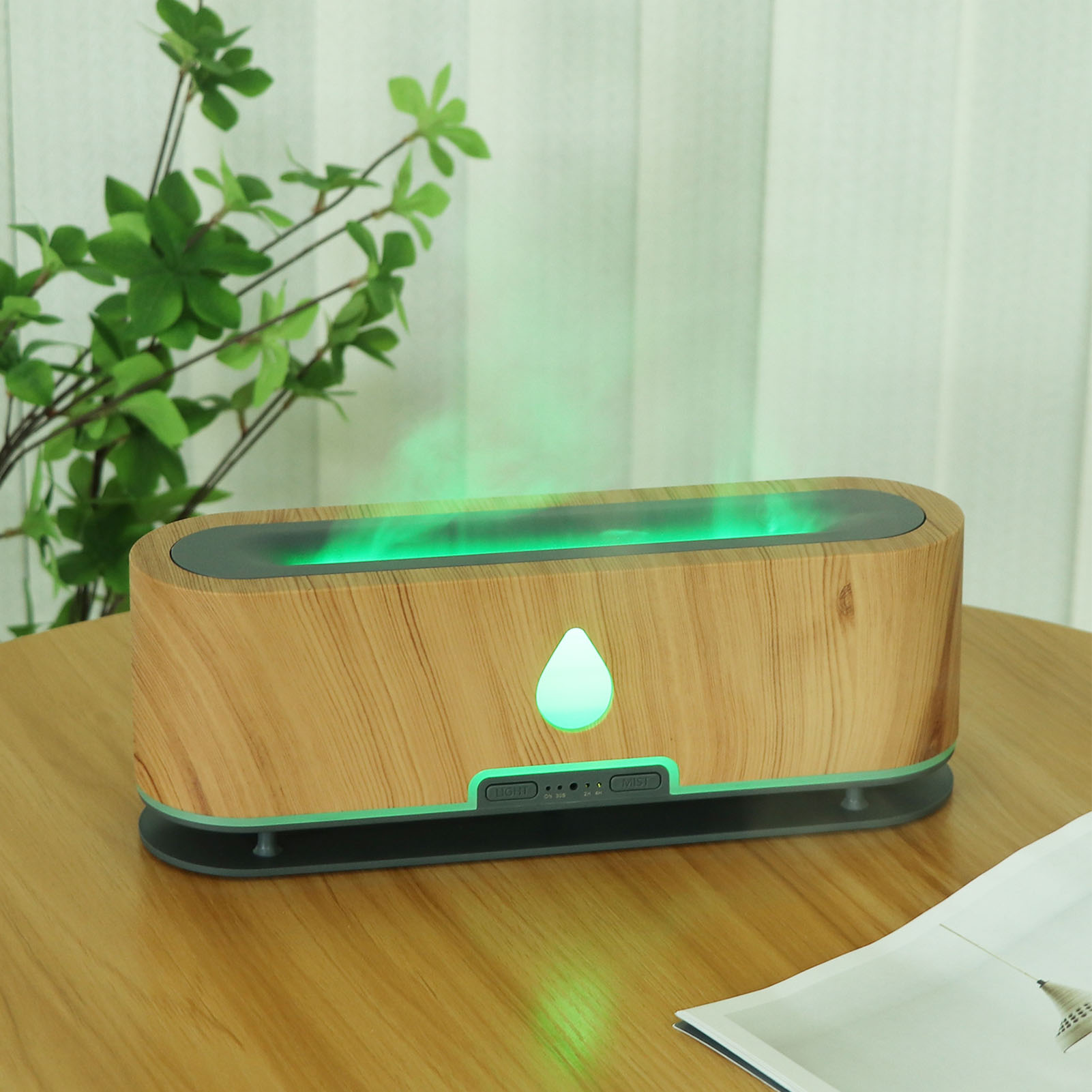 Hohlflammen-effektlampe, Luftbefeuchter, Aromadiffusor Mit 7-farbigem Umgebungslicht, Holzimitation, Für Den Heimgebrauch, 100-240 V, Europäischer Standard.