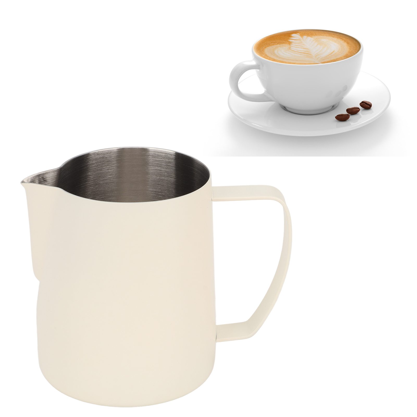Dickwandiger Latte-art-becher Aus Edelstahl 304 Mit Geprägtem Ausguss, 700 Ml, Cremeweiß, Italienischer Stil.
