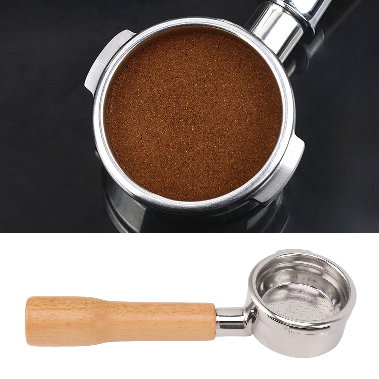 Universeller Griff Für Breville Series 9 Kaffeemaschinen, 58 Mm, Zwei Griffe, Bodenlos, Edelstahl C1, Naturfarben Buche