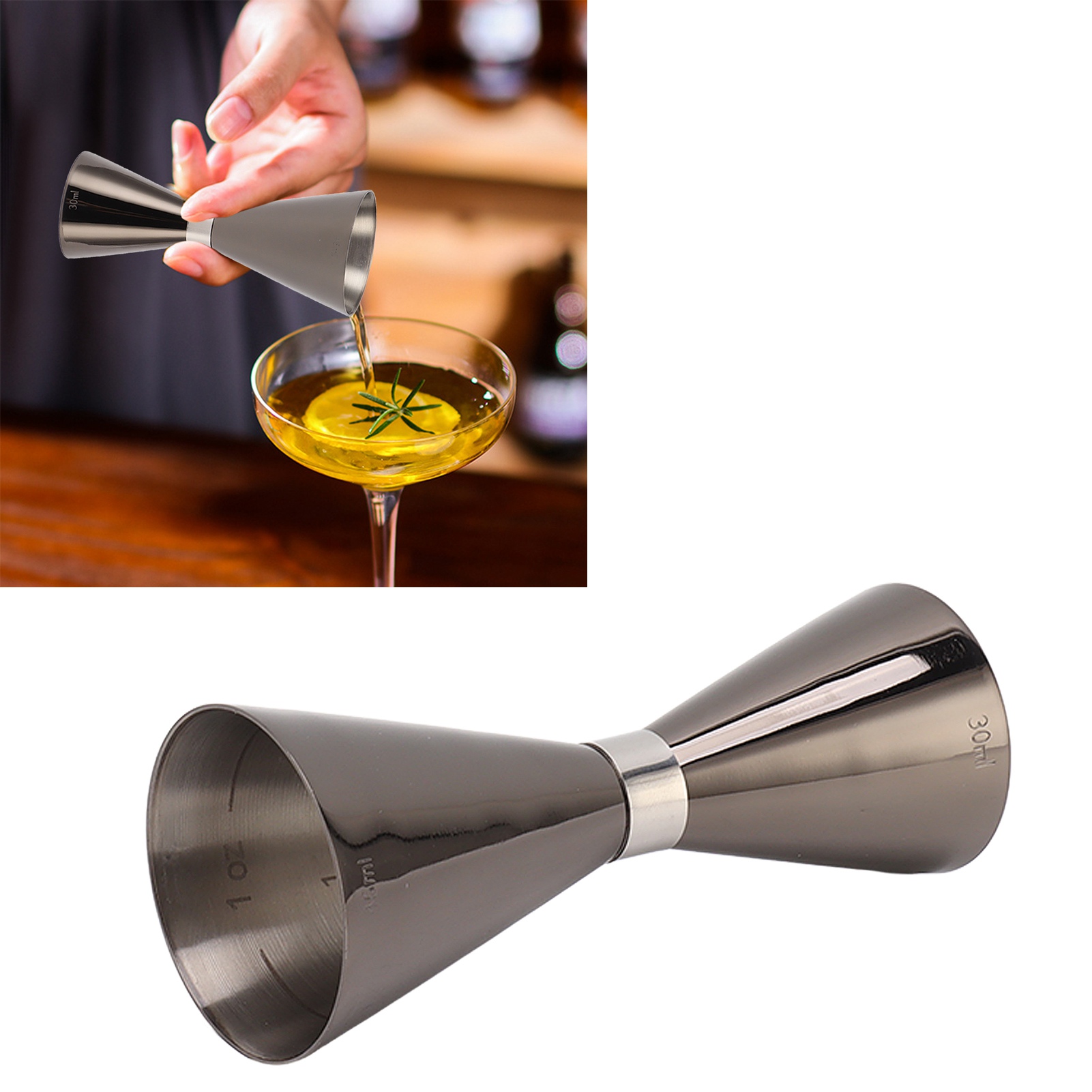 Messbecher Mit Doppelboden Aus Edelstahl 304 Mit Goldring, Kleine Größe (30 Ml), Anthrazitfarben
