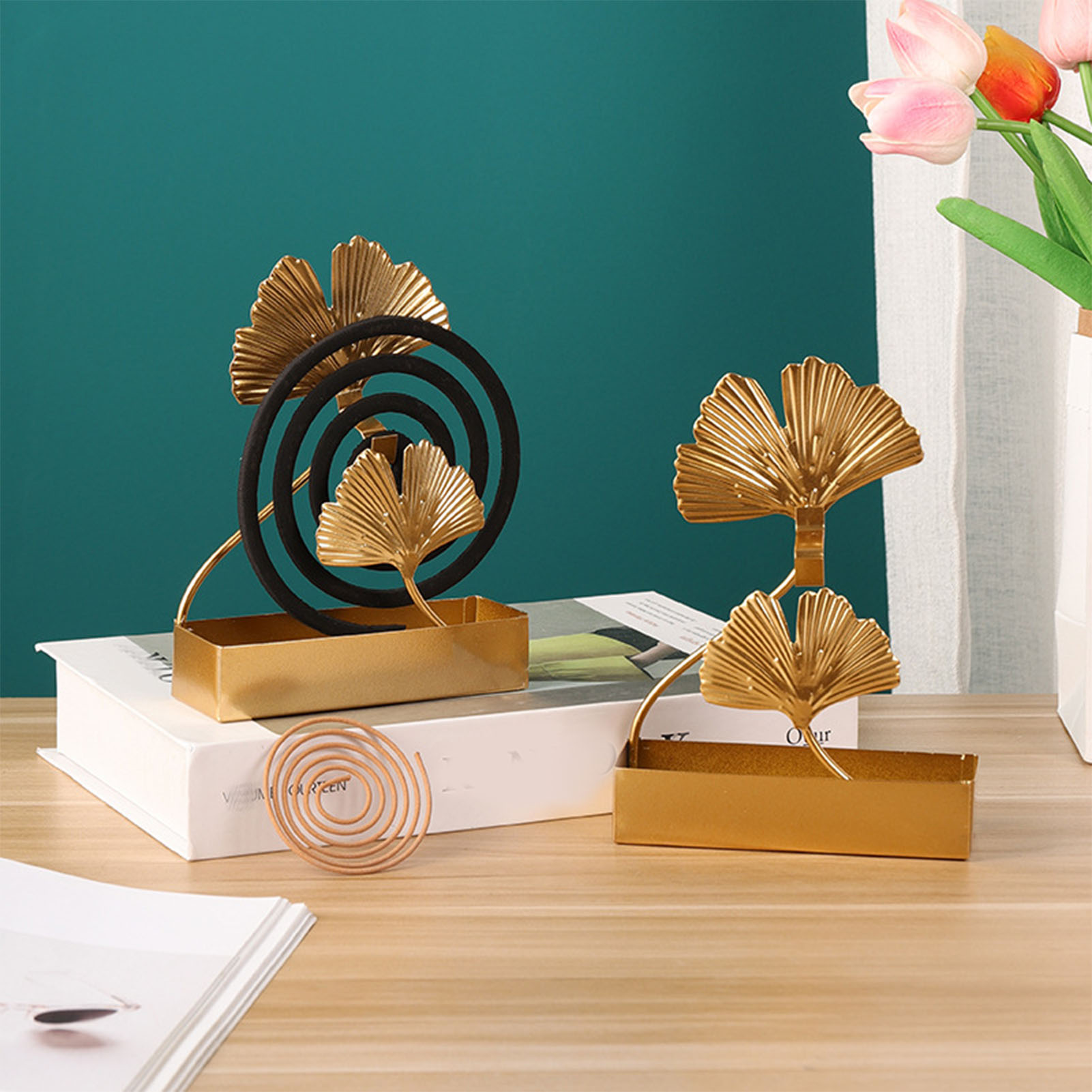 Kreativer, Nordisch Inspirierter Ginkgoblatt-moskitospiralenhalter Mit Tablett, Moskitospiralen-räuchergefäß, Hängendes Tablett Zur Mückenabwehr Für Den Sommer