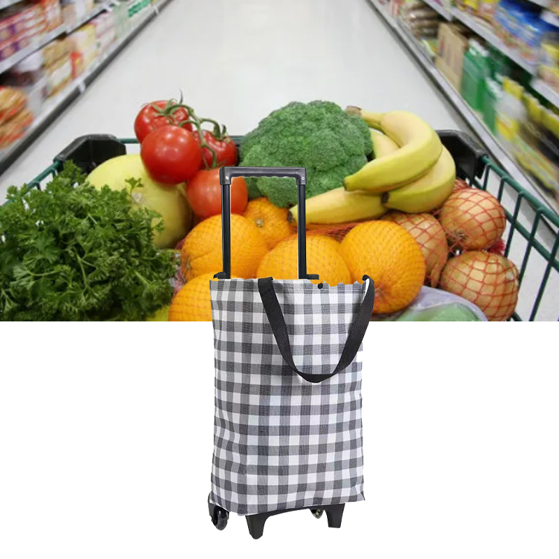 Ausziehbarer Einkaufswagen, Kleiner Einkaufswagen, Leichter Supermarkt-einkaufswagen Mit Rädern, Klappbaren Rädern Und Aufbewahrungstaschen, Schwarz-weiß Kariertes Muster.