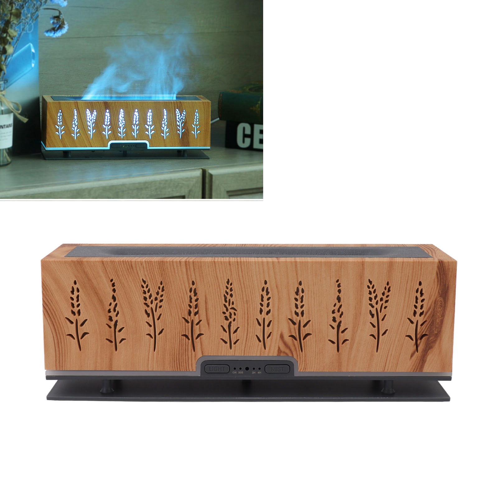 Luftbefeuchter In Form Einer Ausgehöhlten Weizenähre Mit Flammeneffekt, 3d-flamme, Stimmungsvolles Nachtlicht Für Zuhause/büro, Aromadiffusor, 100-240 V, Helle Holzmaserung, Europäischer Standard.