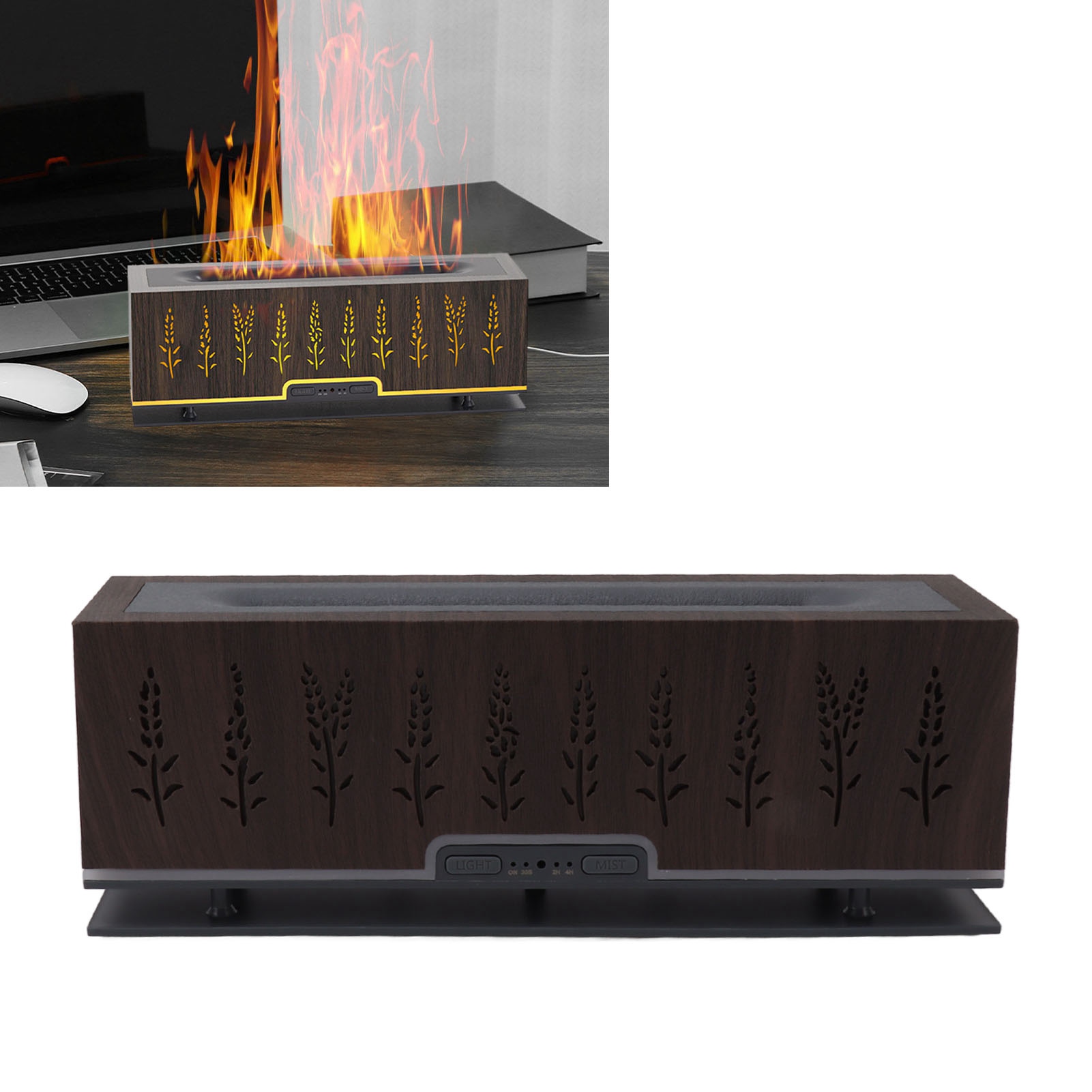 Luftbefeuchter Mit Ausgehöhlter Weizenhalmflamme, 3d-flamme, Stimmungsvolles Nachtlicht Für Zuhause/büro, Aromadiffusor, 100-240 V, Dunkle Holzmaserung, Europäischer Standard.