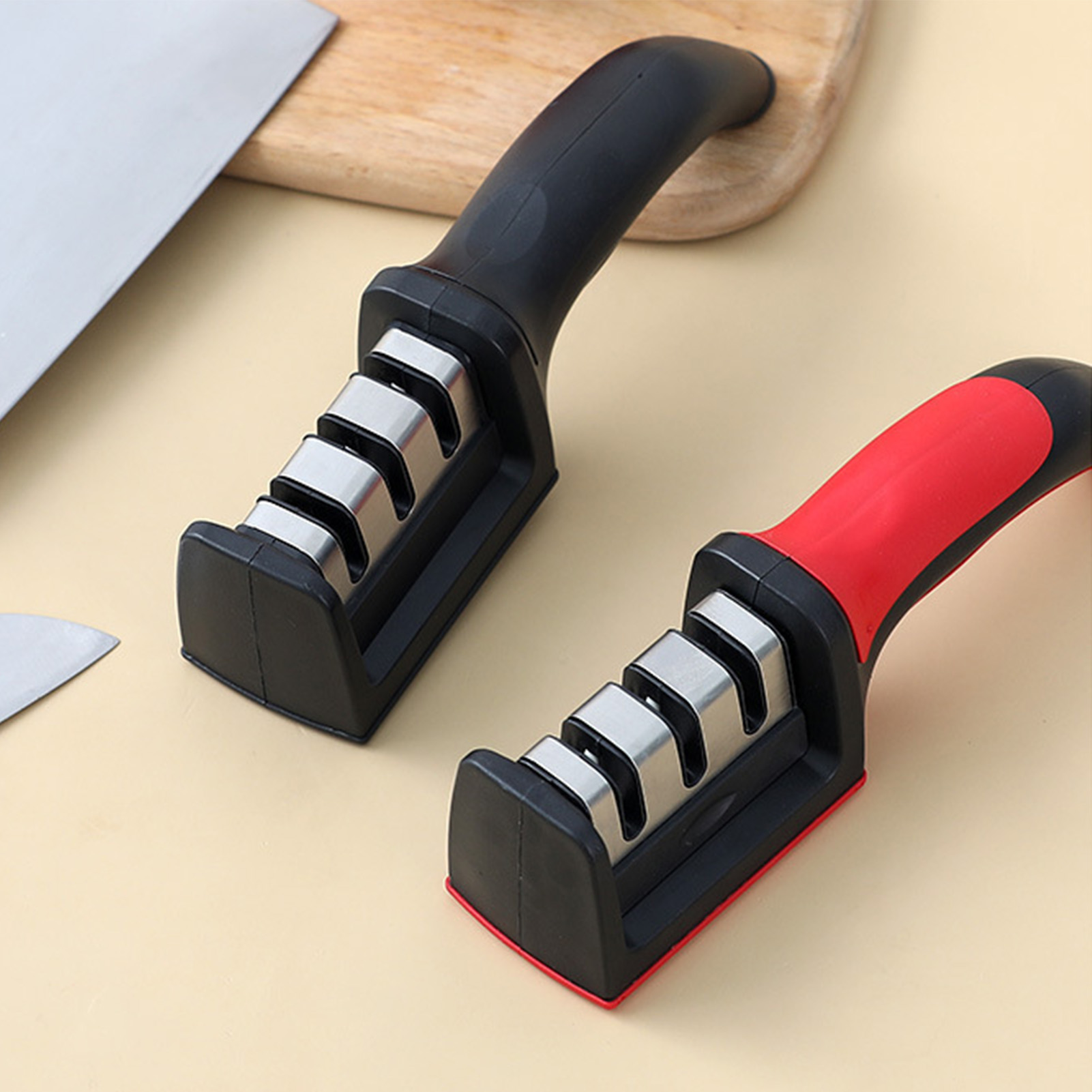 Ergonomischer Dreistufiger Manueller Küchenmesserschärfer, Haushaltsmesserschärfer, Küchenmesserschärfwerkzeug, Rot.