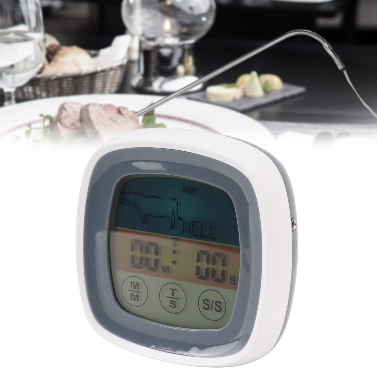 Digitales Touchscreen-küchenthermometer, Grillthermometer Für Den Außenbereich, Timer, Grillgabel, Grau Mit Weißem Rahmen