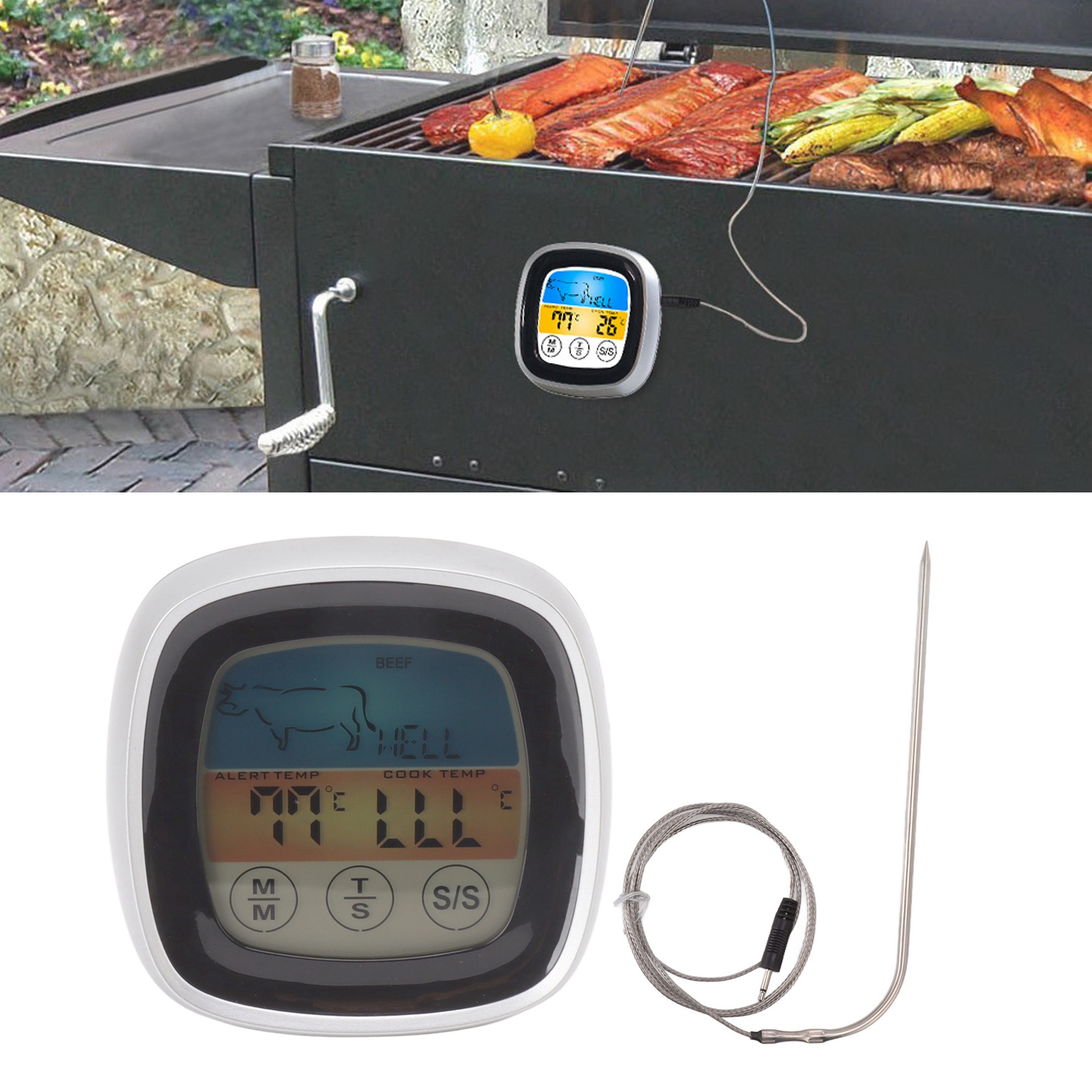 Digitales Touchscreen-küchenthermometer, Grillthermometer Für Den Außenbereich, Timer, Grillgabel Mit Schwarz-silbernem Rahmen