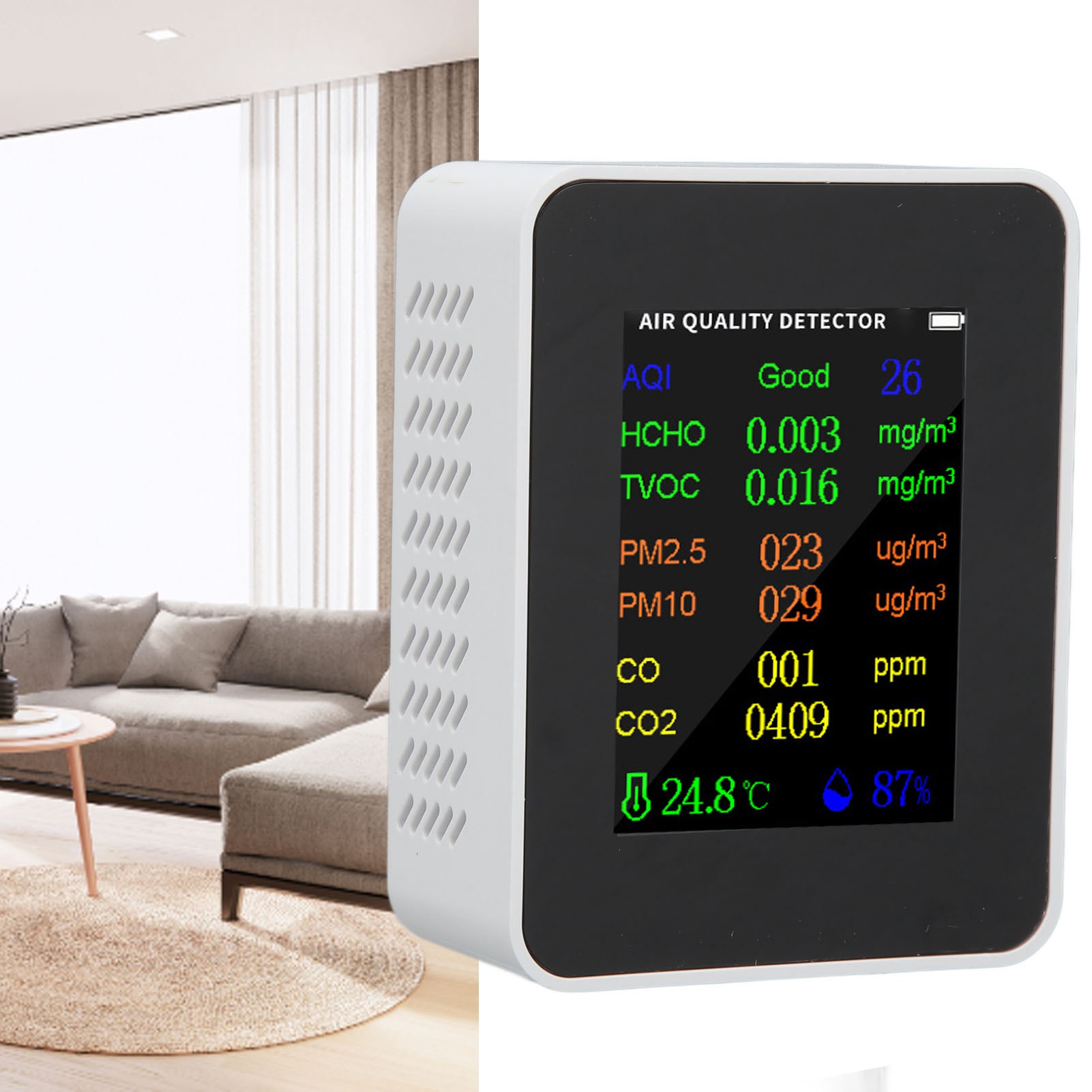 Formaldehyd-detektor, Kohlendioxid-detektor, Pm2,5- Und Tvoc-alarm, Aqico Außenluftqualitäts-temperatur- Und Feuchtigkeitsdetektor, Tragbarer Detektor Für Verschiedene Anlässe, Schwarz.