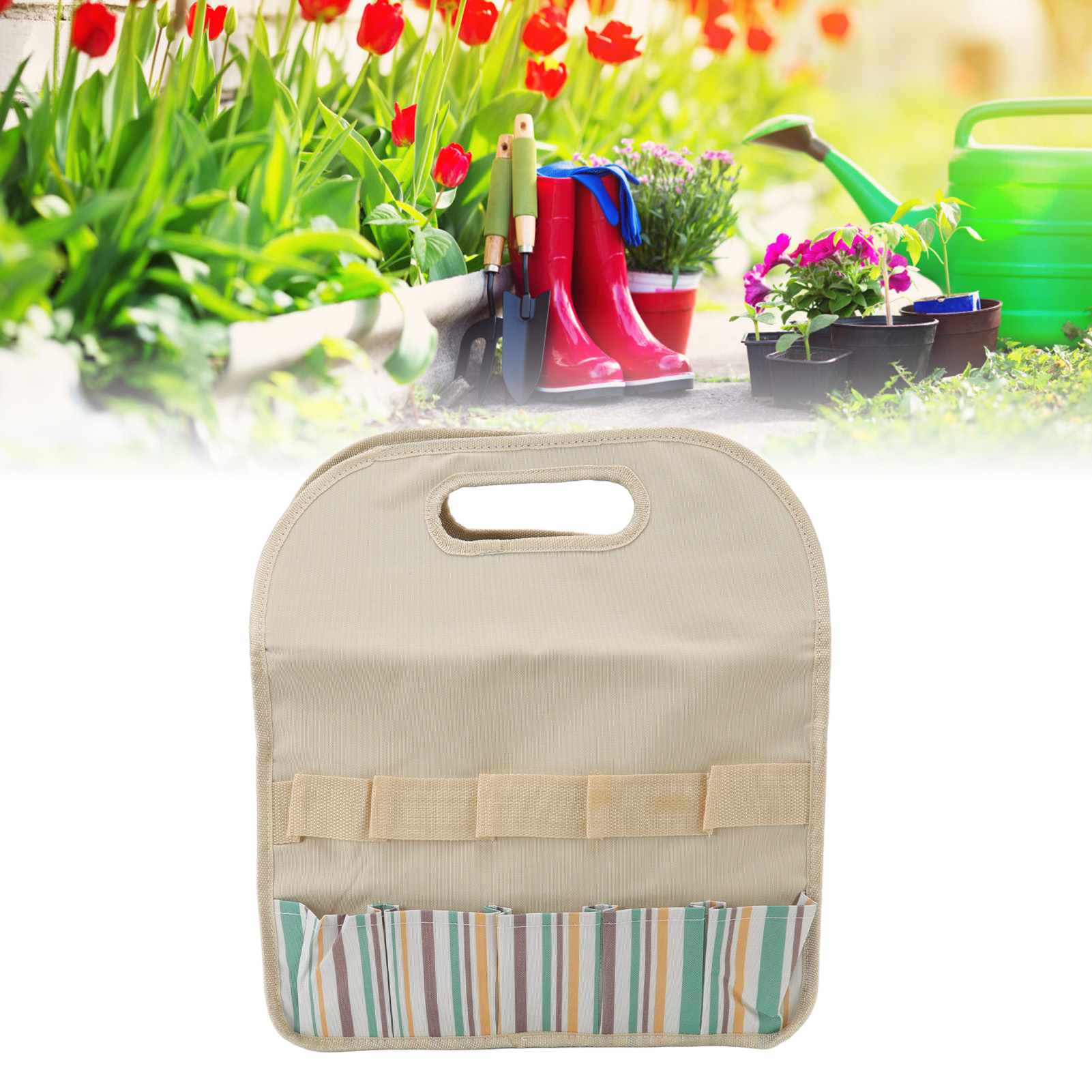 Große Aufbewahrungstasche Für Gartengeräte, Aus Pe-karton, Beige Mit Bunten Streifen.