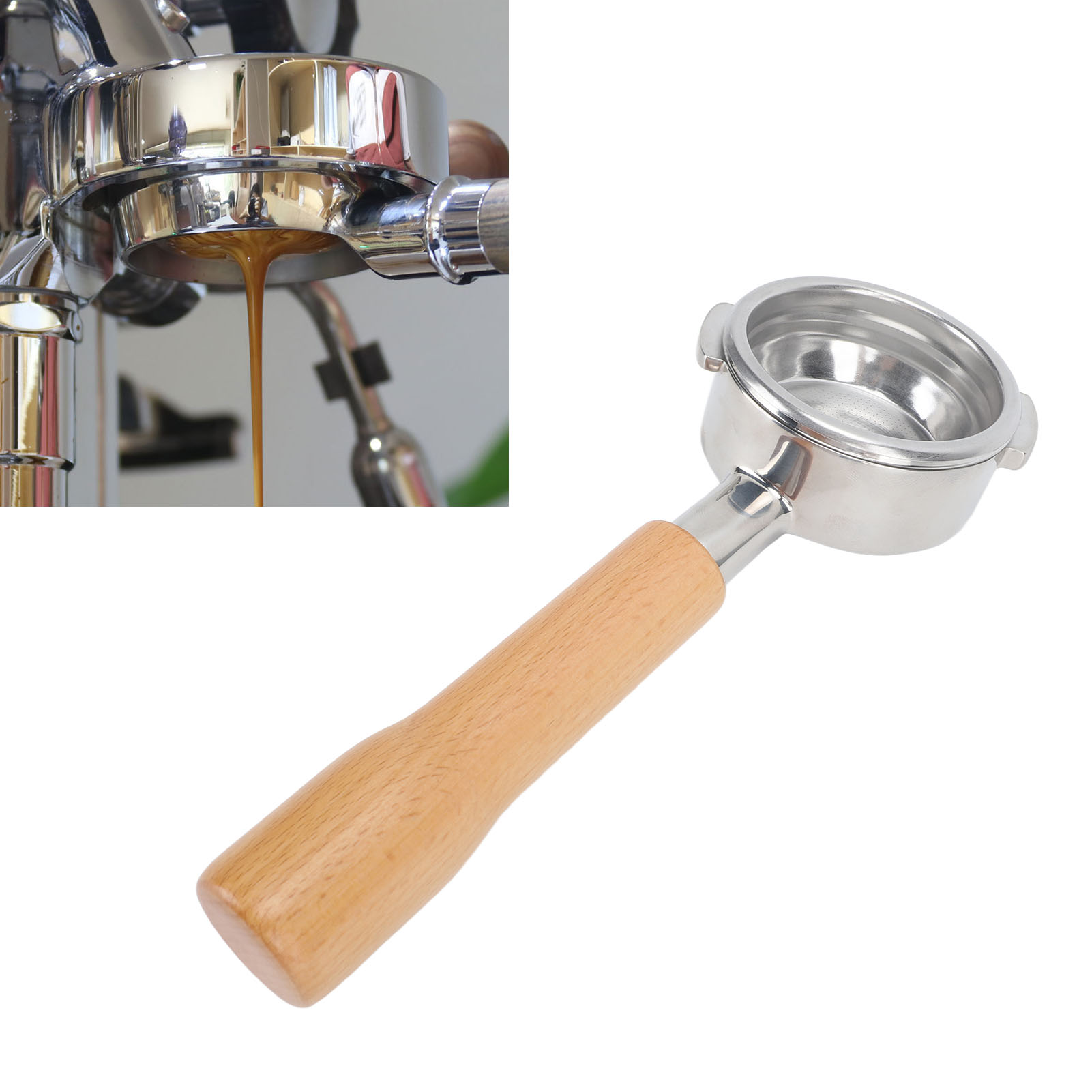 Nowwa 58-mm-kaffeemaschine Ohne Boden Mit Abgewinkeltem Griff Und Edelstahlgriff, Modell C1, Farbe: Naturbuche