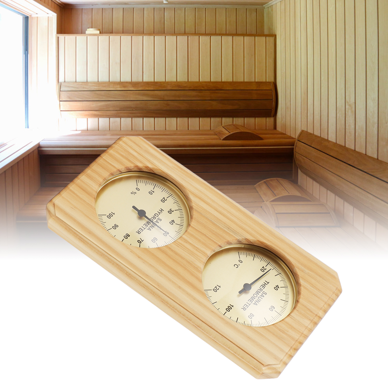 Saunathermometer Mit Vergoldetem Holzrahmen, Doppelter Wandanzeige, Massivholz, Für Den Innenbereich, Hochtemperaturthermometer.