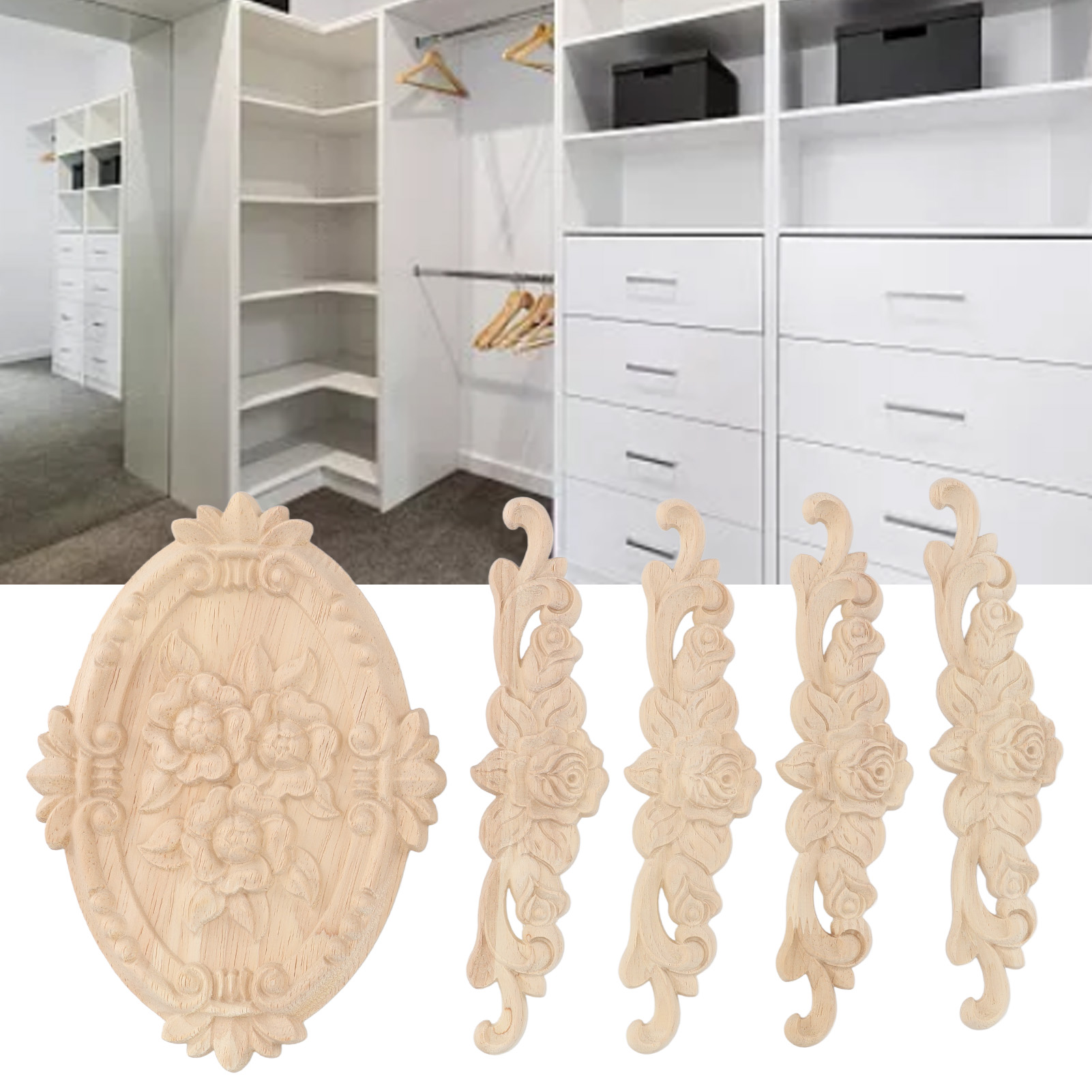 Set Aus 5 Dekorativen Accessoires Aus Massivem, Geschnitztem Holz Im Europäischen Stil Für Schrank- Und Garderobentüren.