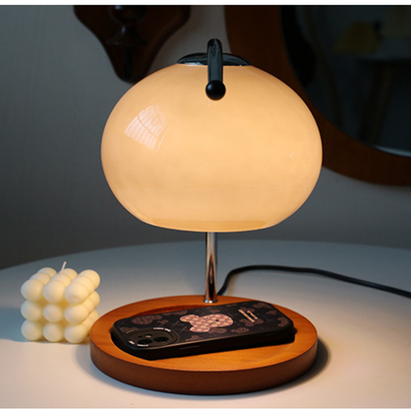 Retro-tischleuchte Aus Massivholz Mit Ablagefach Aus Rauchgrauem Glas, Aromatherapie-kerzenlampe, Nachttischlampe, Beige Wachsschmelzlampe Fürs Büro, Dimmerschalter