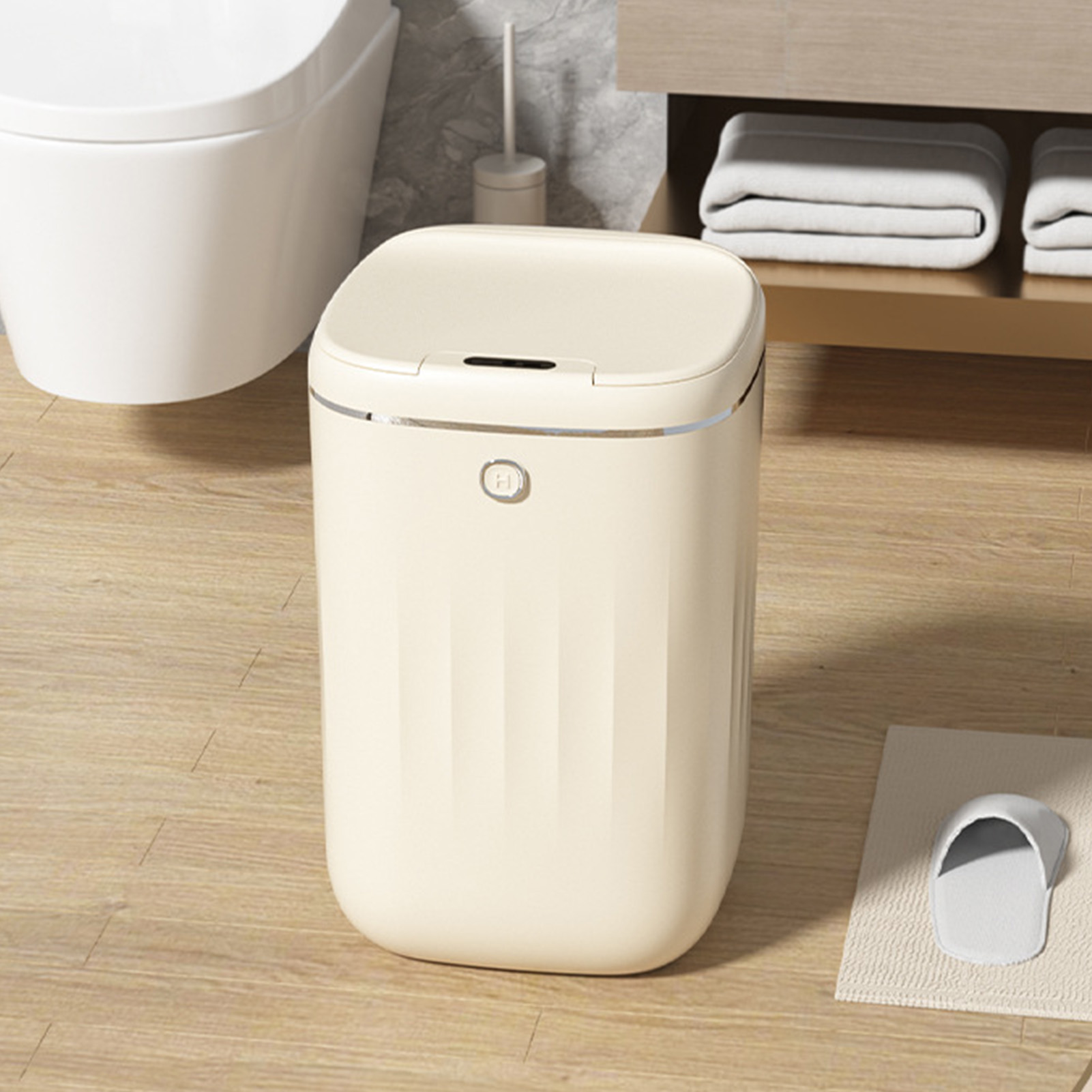 Luxuriöser, Intelligenter Abfalleimer Für Bad, Wohnzimmer Und Küche Mit Automatisch Öffnendem Deckel, Cremefarbenes Und Goldenes Modell Mit Batterien