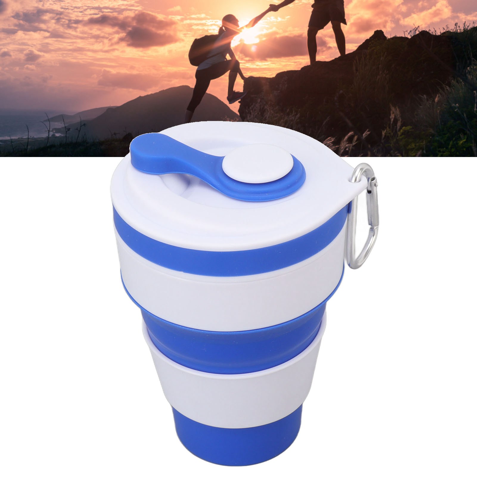 Zusammenklappbarer Und Tragbarer Silikonbecher Mit Einziehbarem Strohhalm Und Karabinerhaken, Blau