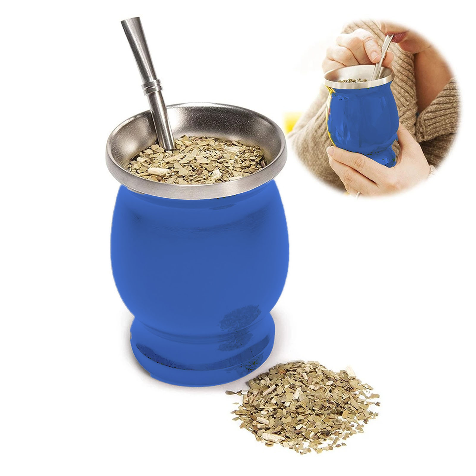 Mate-becher 230 Ml (8 Oz), In Form Einer Kalebasse, Blauer Isolierbecher (mit Löffel, Strohhalm Und Reinigungsbürste).