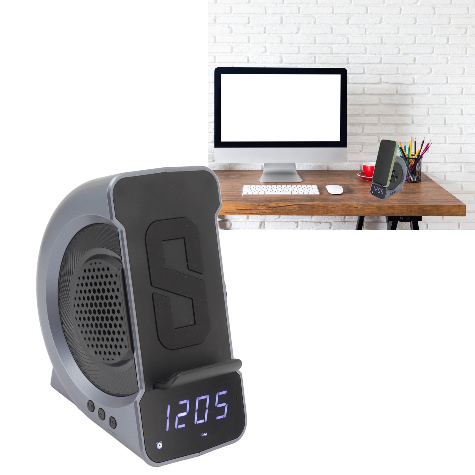 Bluetooth-lautsprecher, Kabelloses Laden, Bluetooth-lautsprecher, Nachttischwecker, Wecker, Bluetooth-lautsprecher, 10w Hellblau.