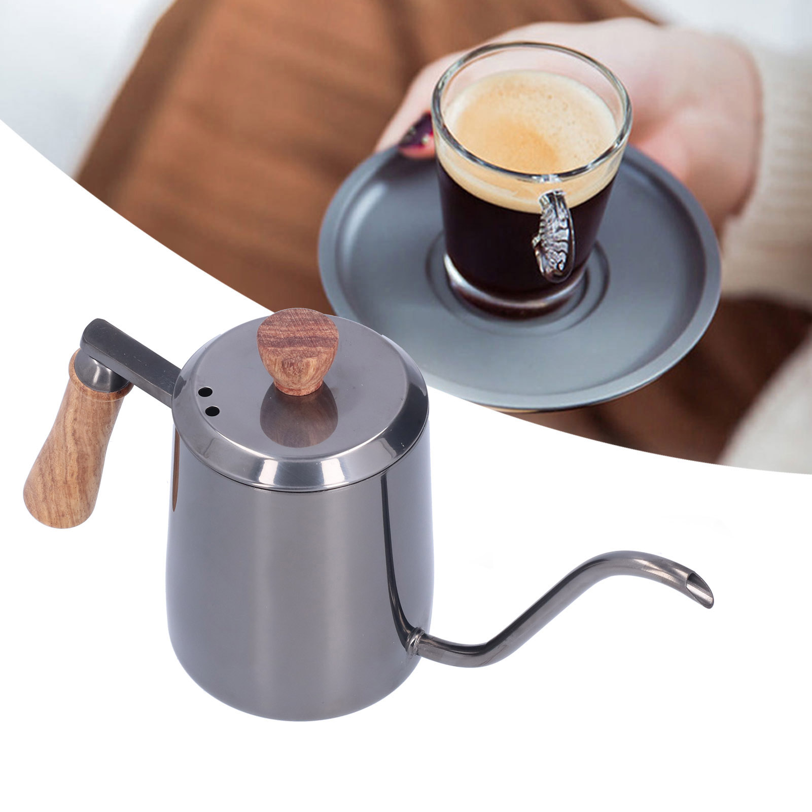 Manuelle Filterkaffeemaschine Aus Edelstahl Mit Holzoptik, 600 Ml Fassungsvermögen, Langem Ausguss Und Schmaler Öffnung, Hitzebeständigem Griff, Manuellem Kaffeemahlwerk, Heißwasserkanne, Grau