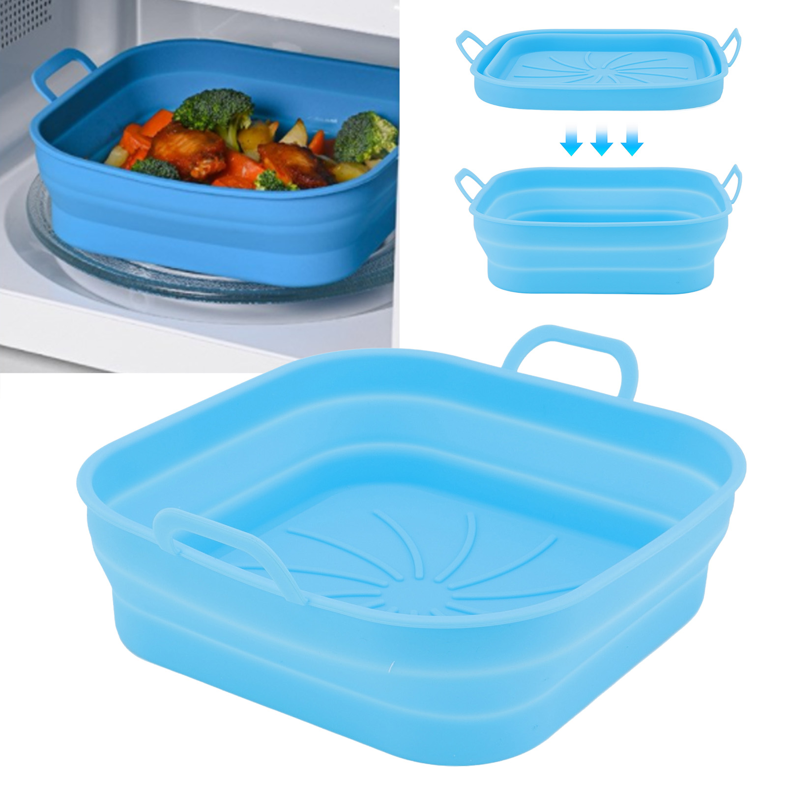 Zubehör Für Die 20,5 Cm Quadratische, Zusammenklappbare Heißluftfritteuse: Silikon-kochplatte, Silikonpfanne, Blau.