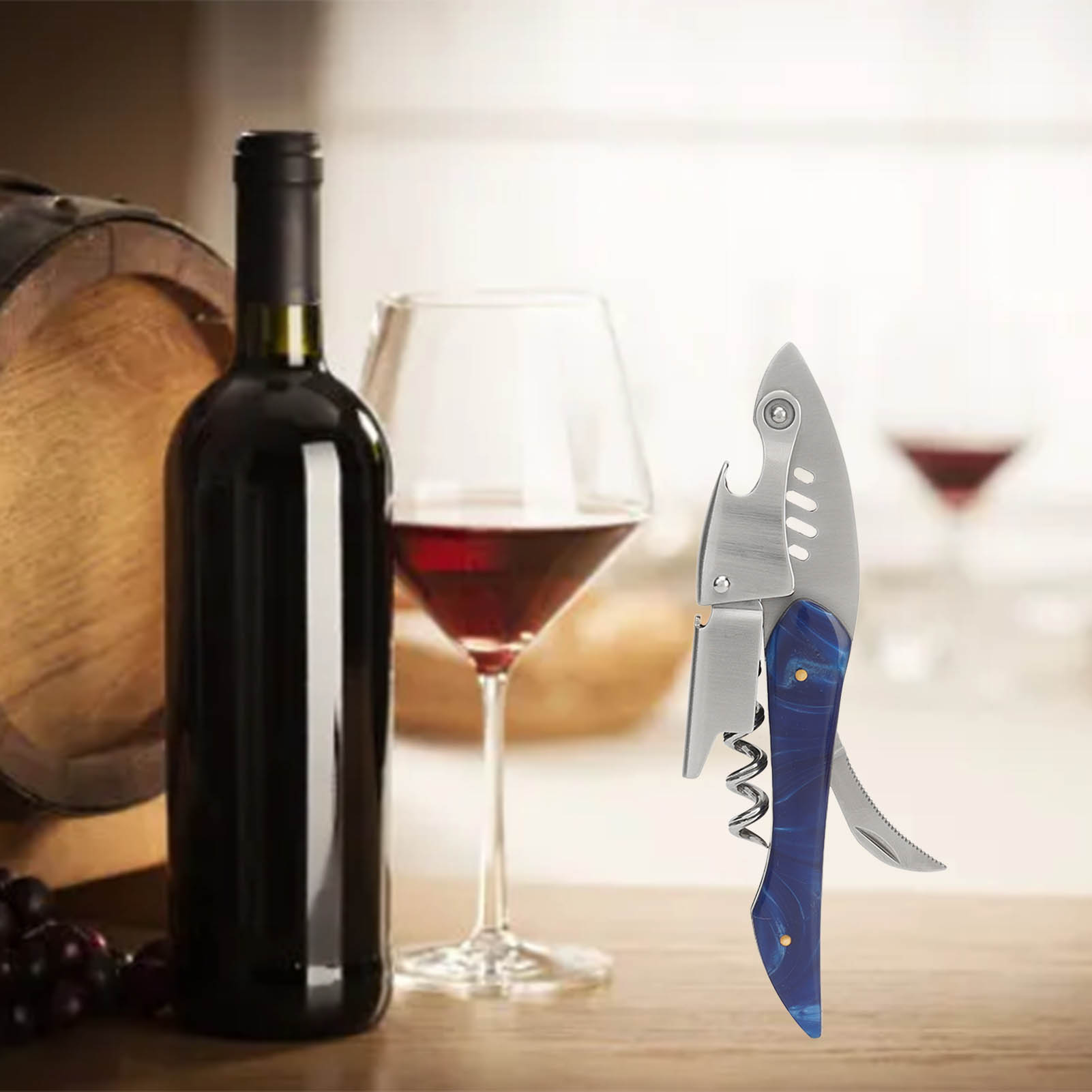 Flaschenöffner Aus Edelstahl, Multifunktionaler Bieröffner, Weinaccessoire, Seepferdchenmesser Mit Blauem Harzgriff.