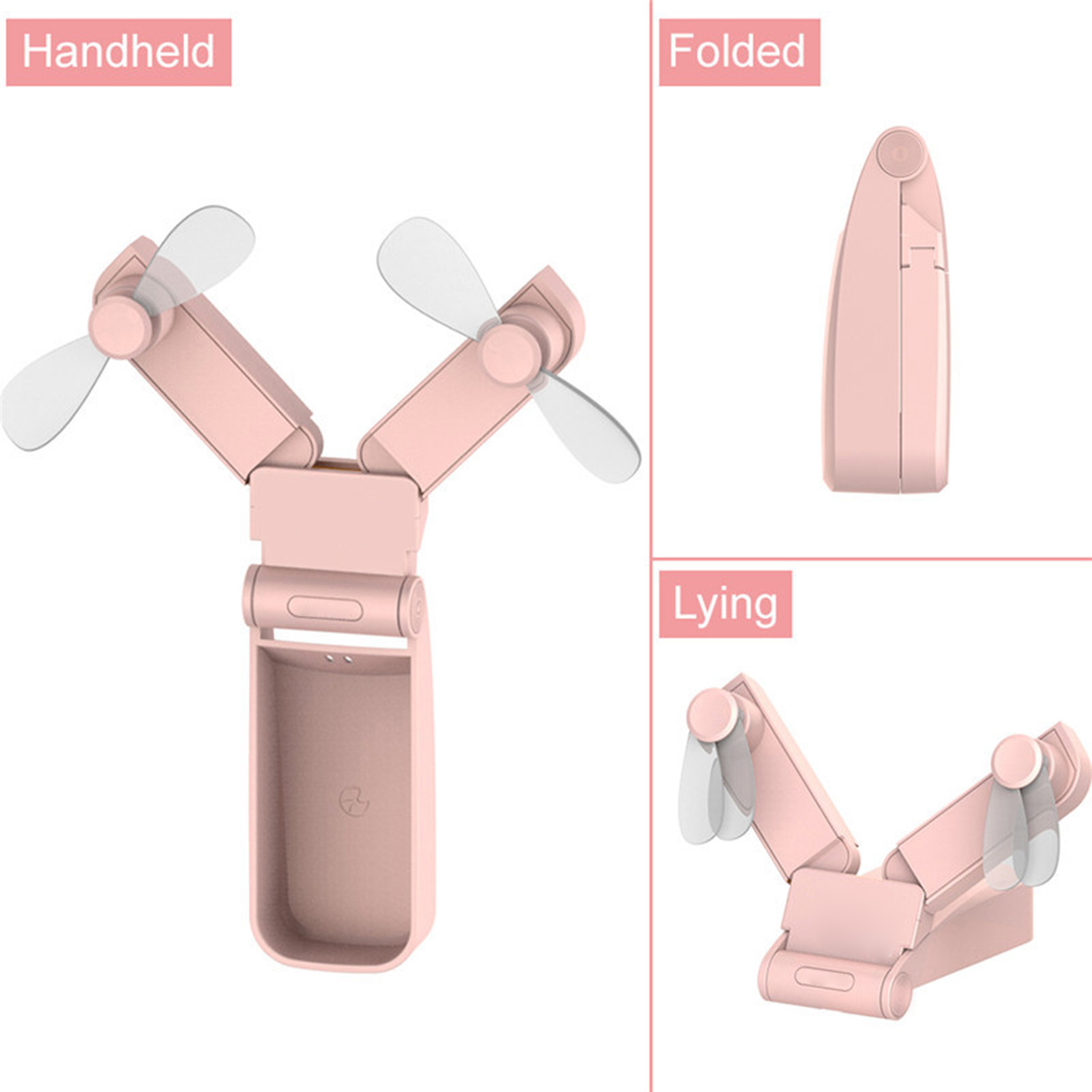 Doppelköpfiger Faltventilator, Tragbarer Faltventilator, Mini-taschenventilator Zum Einziehen, Wiederaufladbar Per Usb, Rosa.