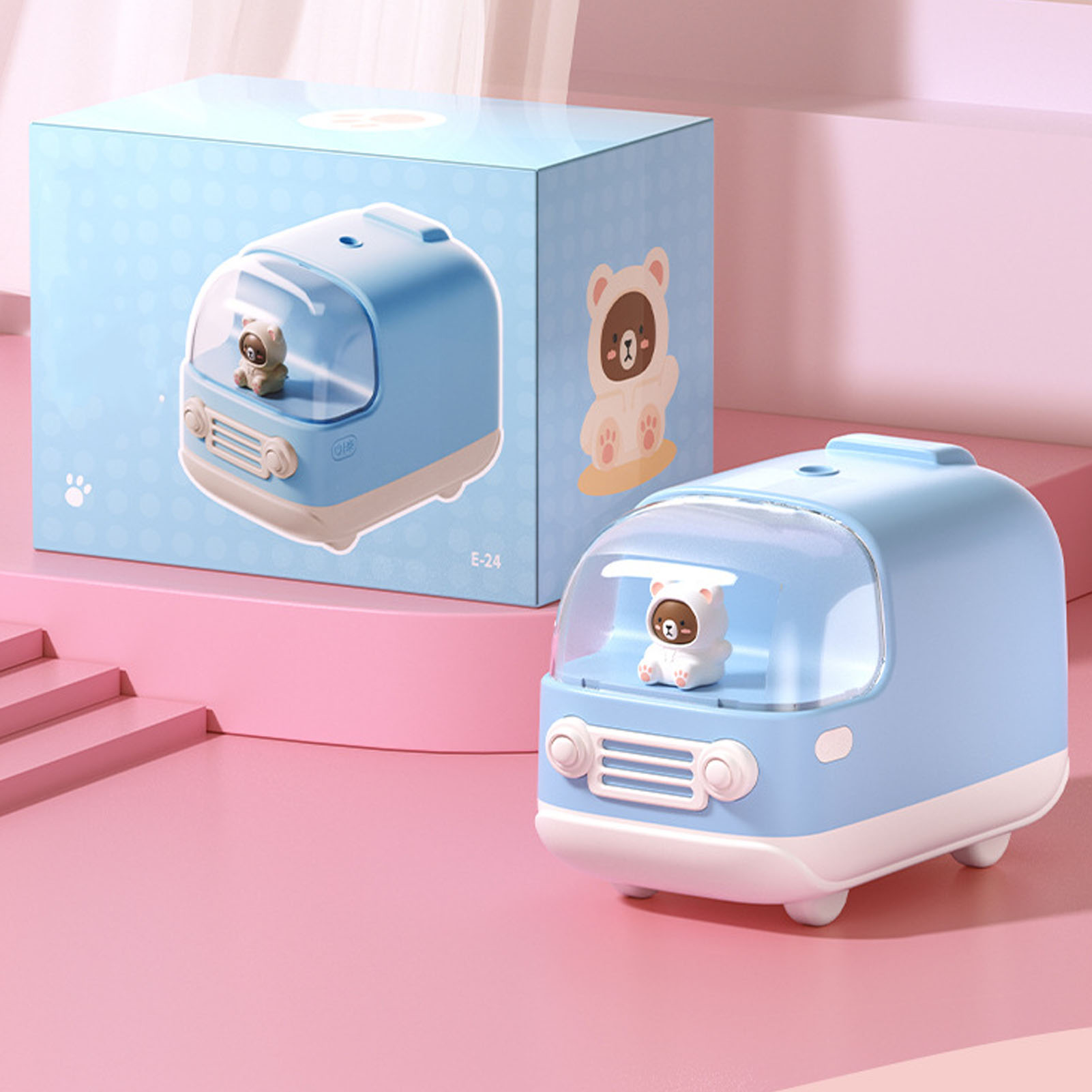 Mini-usb-luftbefeuchter In Form Eines Bärenbusses, Kleiner Luftbefeuchter Für Zuhause, Tischluftbefeuchter, Blau.