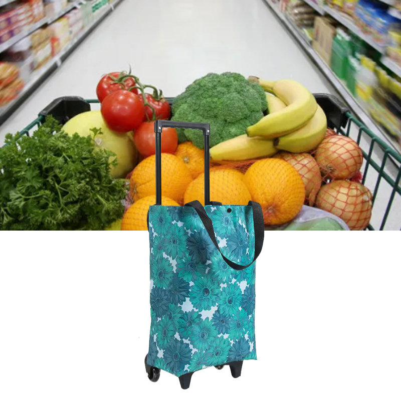 Ausziehbarer Einkaufswagen, Kleiner Einkaufswagen, Leichter Supermarkt-einkaufswagen Mit Klappbaren Rädern Und Aufbewahrungstaschen, Blaues Gänseblümchenmuster.
