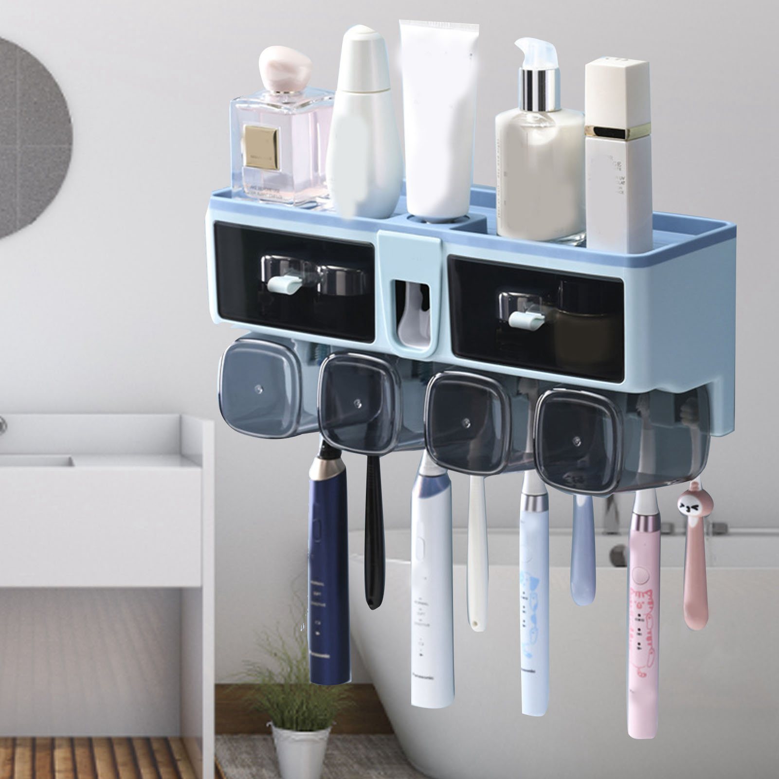 Zahnbürstenhalter, Mundspülbecher, Wandmontierte Badezimmer-aufbewahrungsbox, Kein Bohren Erforderlich, Set Mit Vier Blauen Bechern
