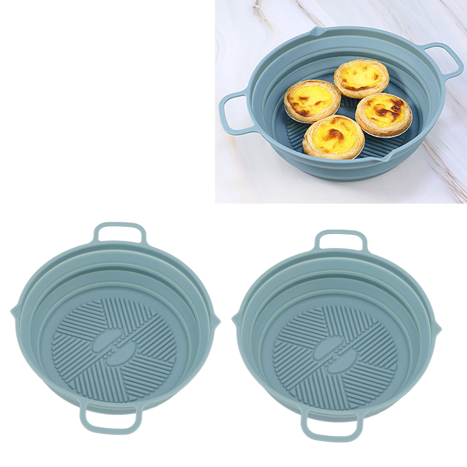 Set Aus 2 Silikonpfannen Für Heißluftfritteusen, Zusammenklappbarer Grillpfanne Und Grillplatte (blau)