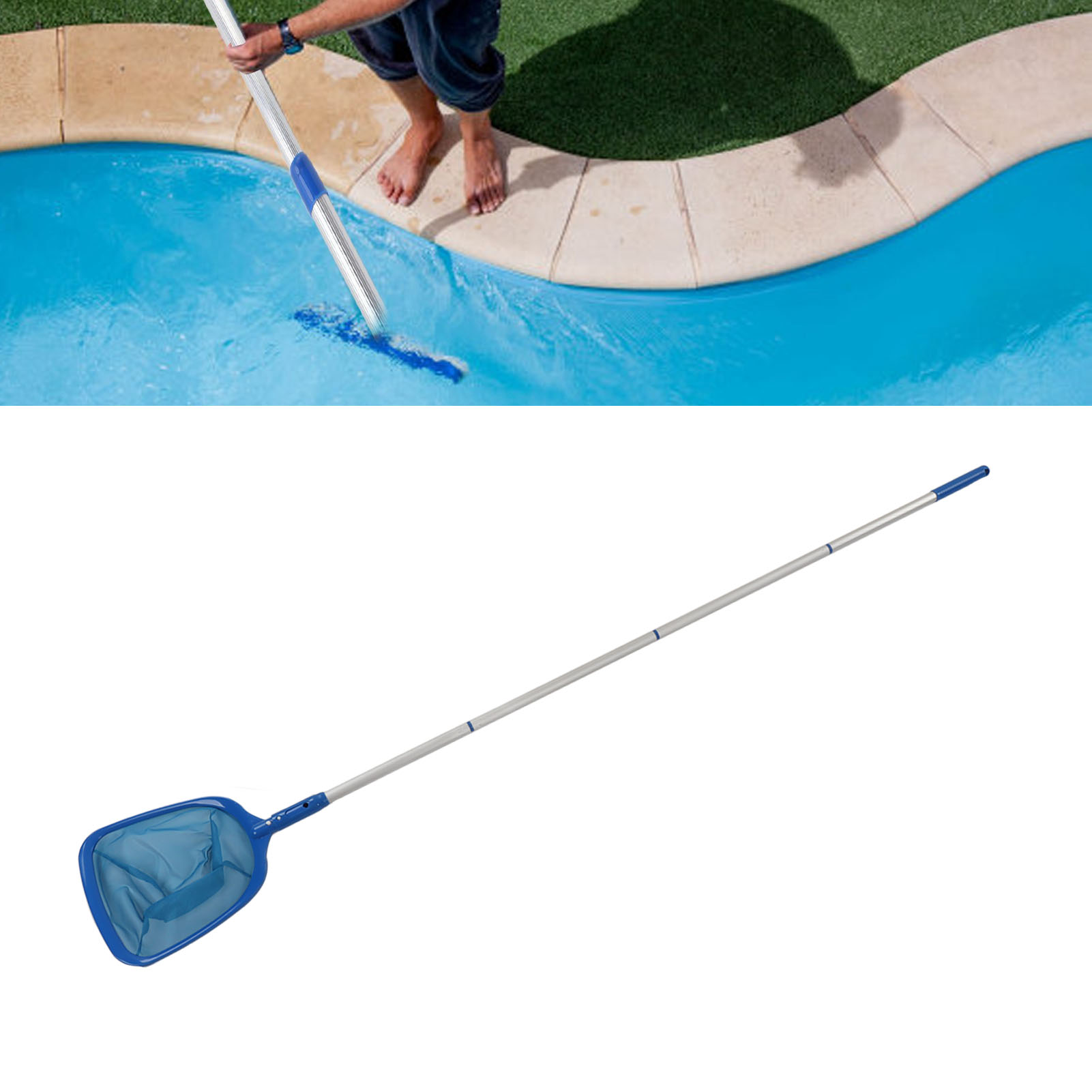 Tragbares Poolreinigungsgerät: Flachskimmer Mit Vierteiligem Griff Zum Aufsammeln Von Blättern.