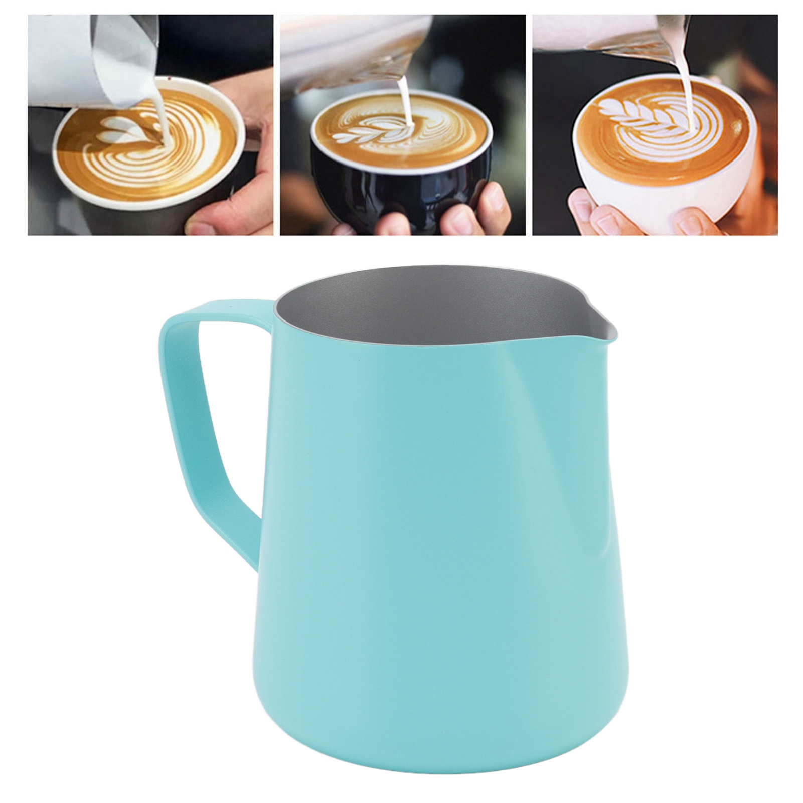 Latte-art-becher, Italienischer Stil, Spiralförmiger Ausguss, Latte-art-kanne, 350 Ml, Blaues Teflon