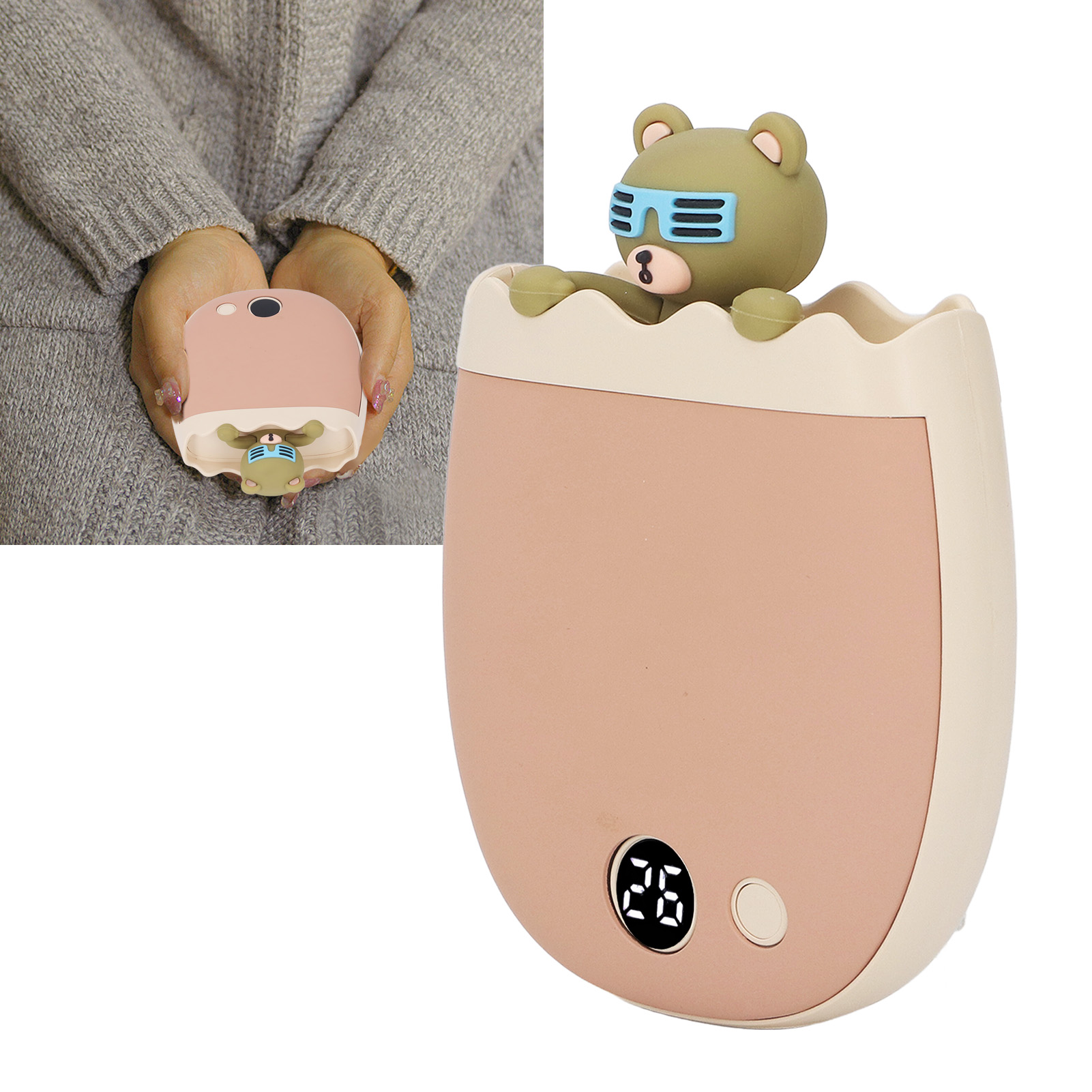 Handwärmer Mit Cartoon-motiv, Temperaturregelung, Beidseitige Heizung, Wiederaufladbar, Digitalanzeige, Braun, 2-in-1