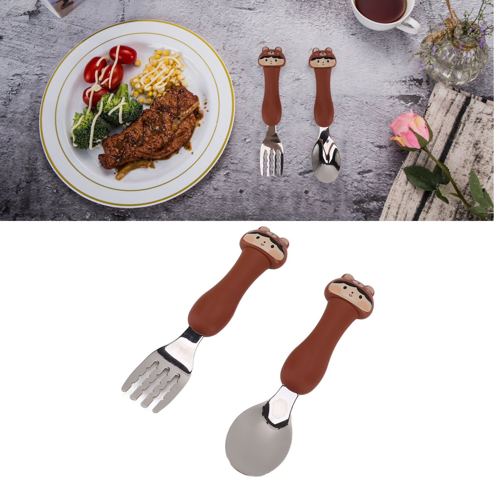 Kinderbesteckset Aus Edelstahl 304 Mit Gabel Und Löffel Mit Tiermotiv (bärenkopf).