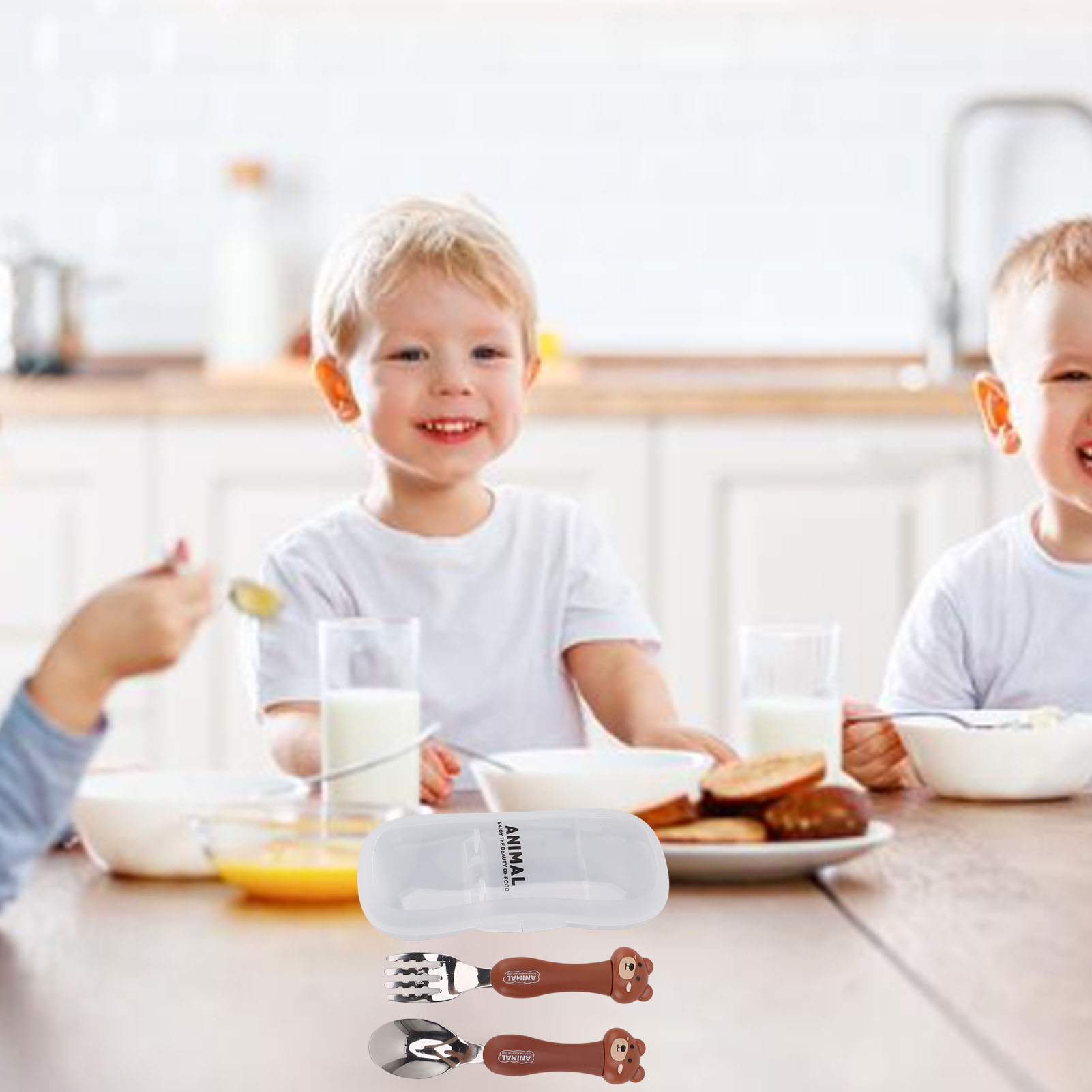 Kinderbesteckset Aus Edelstahl 304 Mit Gabel Und Löffel Im Tiermotiv (zweiteilig) – Bär