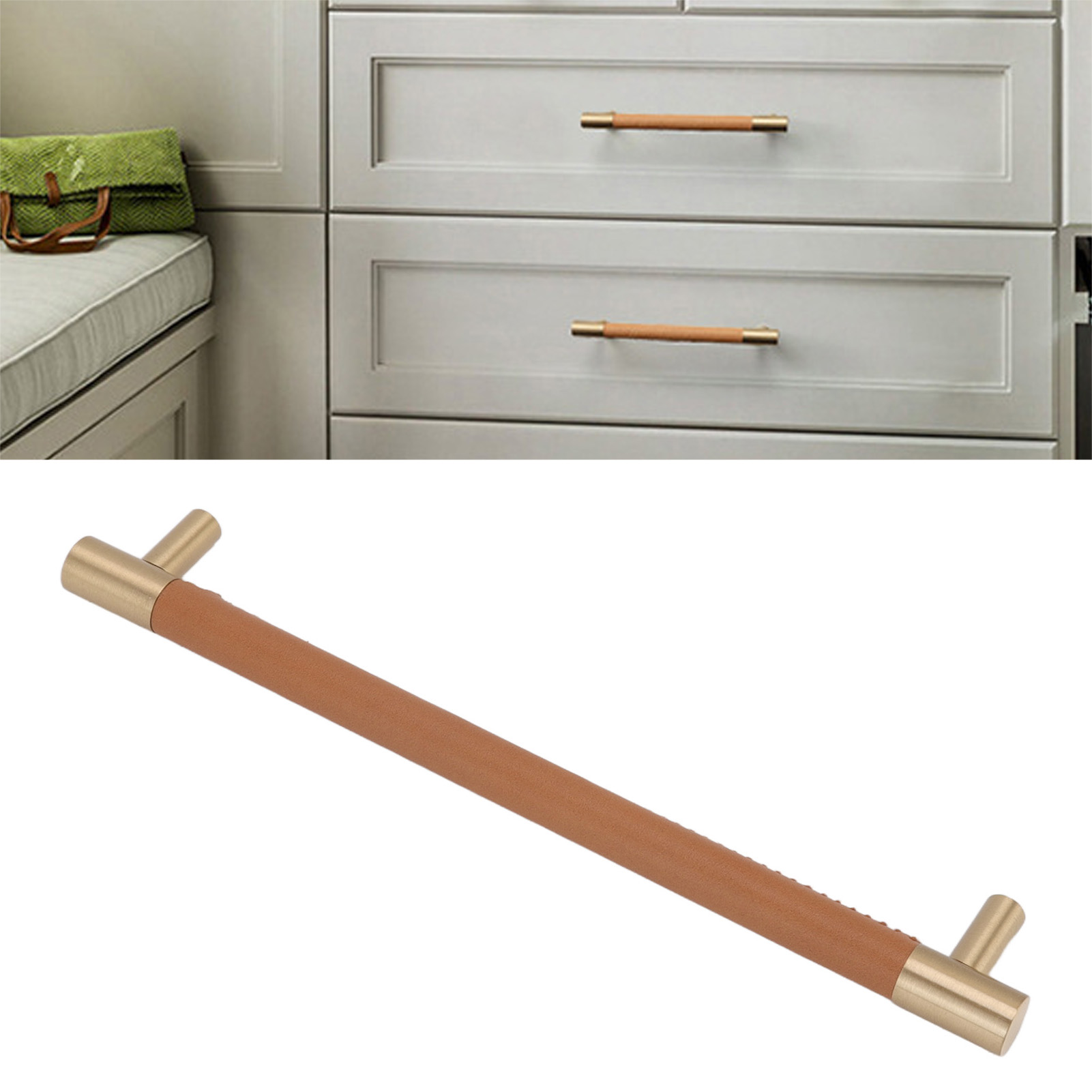 Möbeltürgriffe Aus Messing Und Leder, Nordischer Stil, Luxuriöse Ausführung, Heller Bis Mittlerer Farbton – 224 Mm Lochabstand