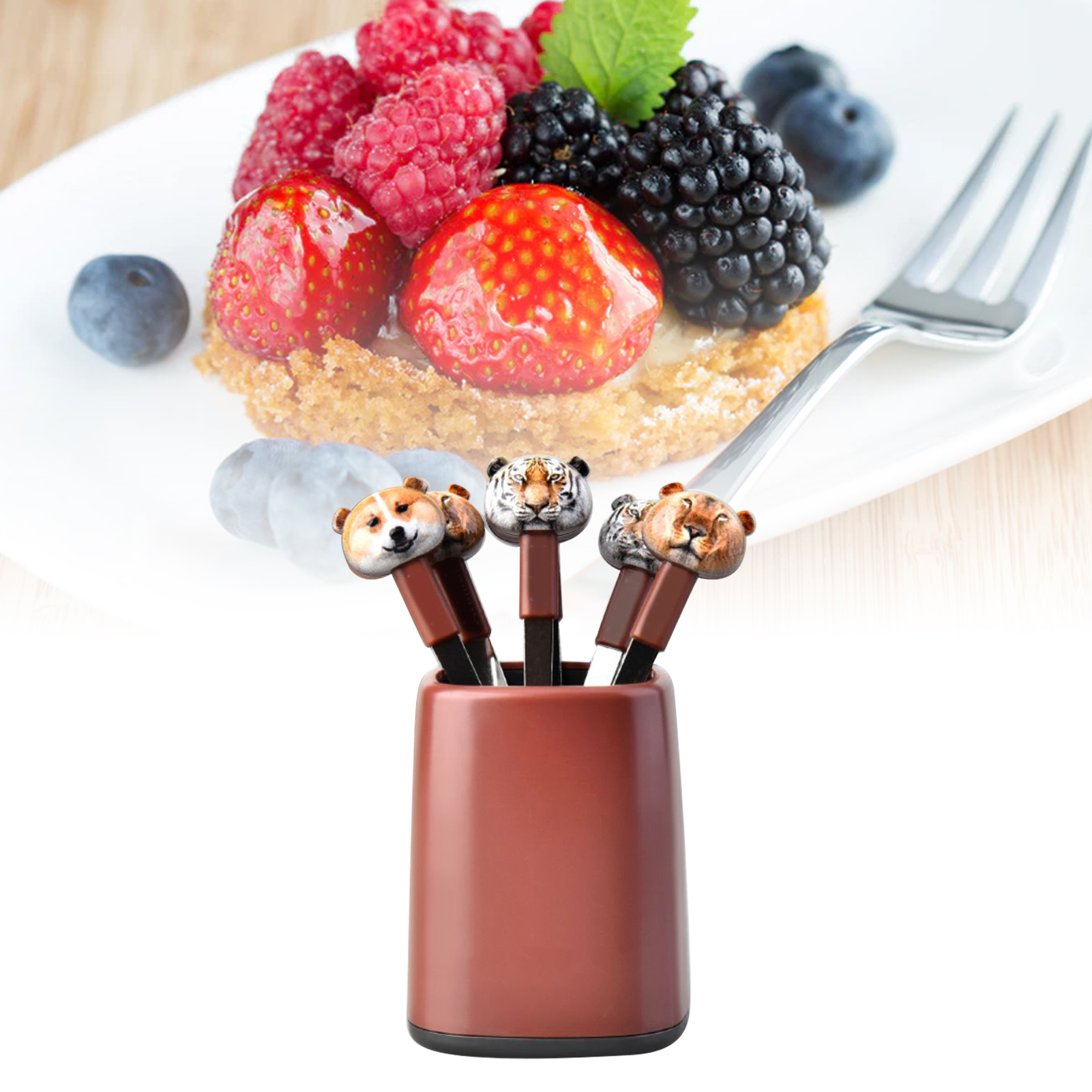 Animal World Rb700 Obstgabel Aus Edelstahl, Niedliche Dessertgabel, Obstspieß, Hochwertiges Luxus-besteckset, Braun