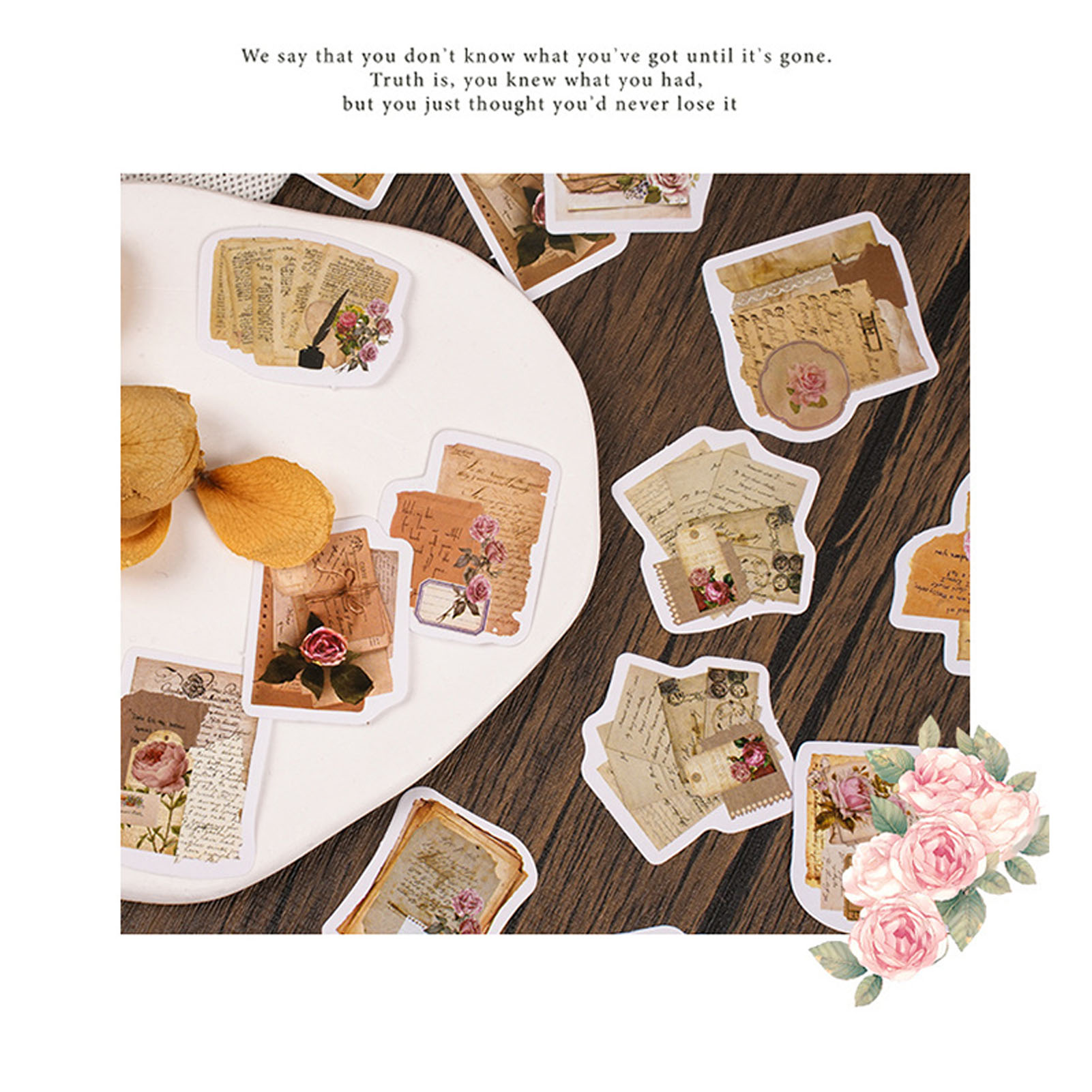 Yibird-stickerbox Mit Rosen, Buchstaben Und Anderen Motiven, Ideal Zum Verzieren Von Tagebüchern Oder Notizbüchern. Enthält 46 Rosenförmige Sticker.