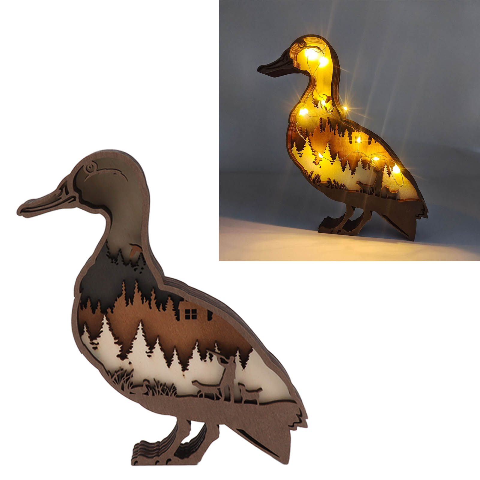 Kreative Weihnachtsdekorationen Aus Holz Für Zuhause, 3d-geschnitzte Tierlampen Aus Holz Und Wildenten-ornamente.