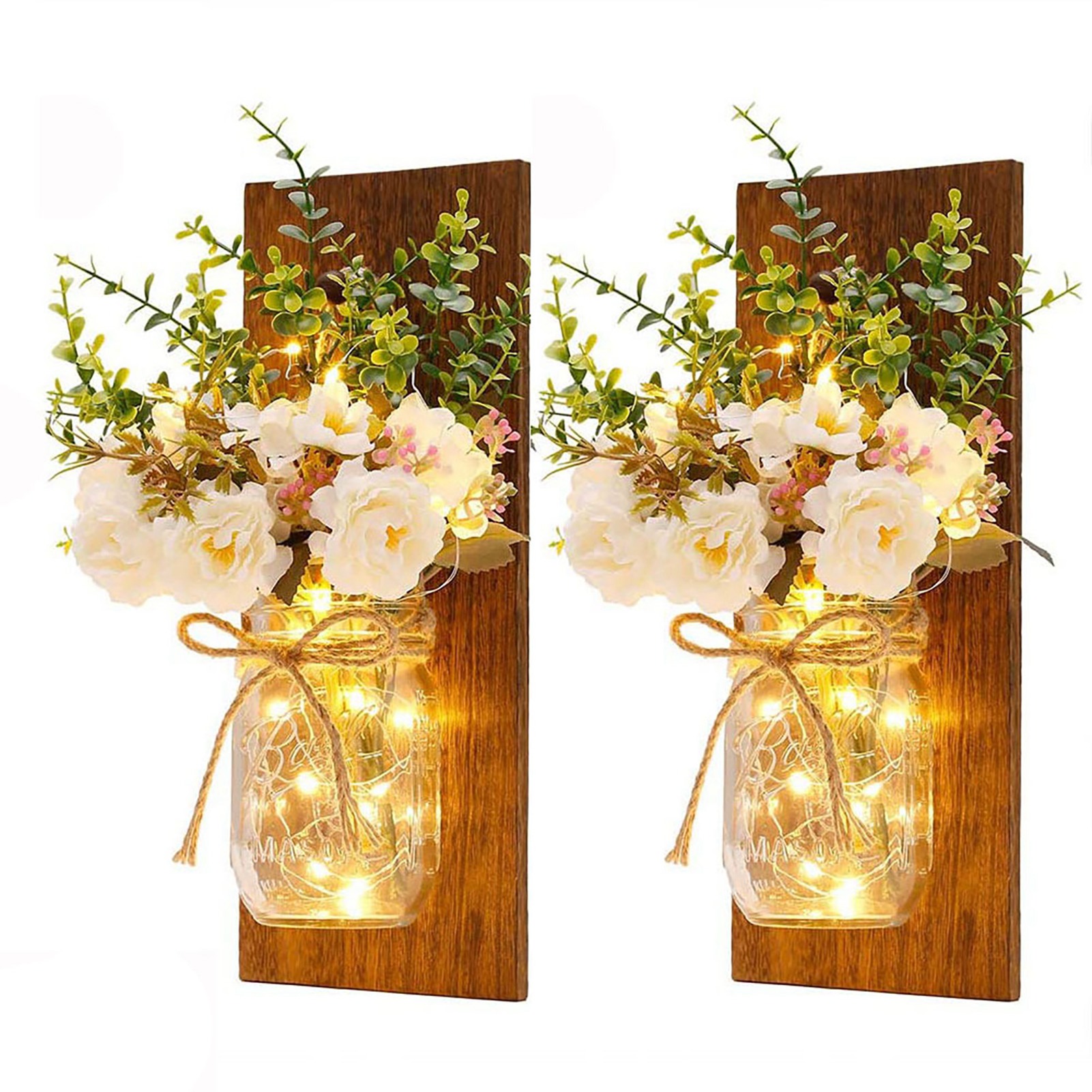 Braune Led-wandleuchte Im Retro-stil Mit Holzoptik Und Einem Bedienfeld In Form Eines Einmachglases. Ideal Für Den Innen- Und Außenbereich (terrasse Oder Patio). 2er-set. Wanddekoration Für Zuhause.