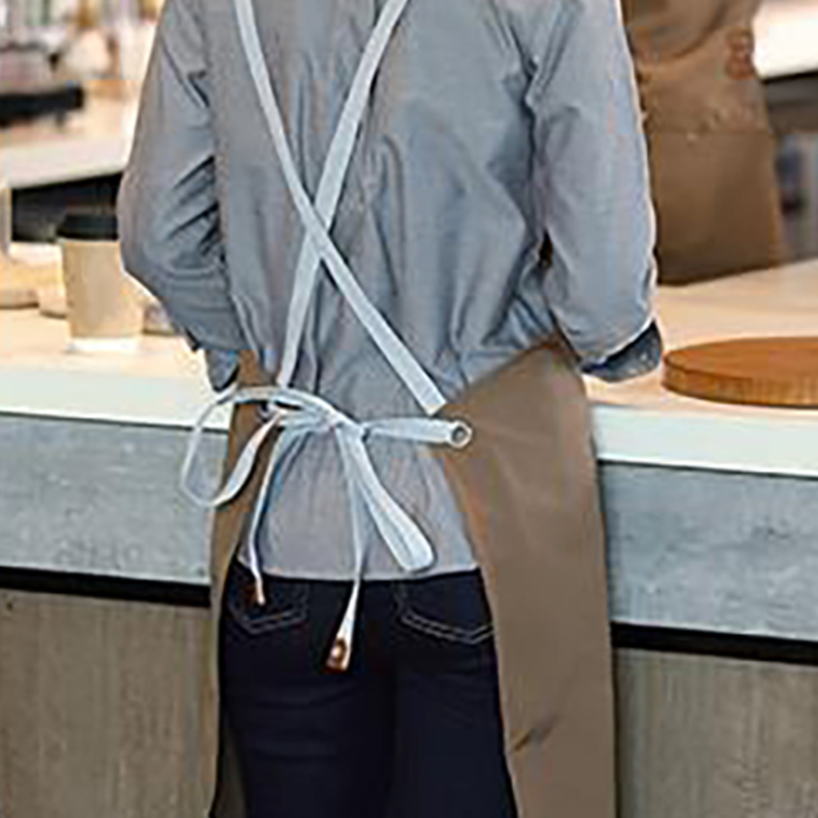 Jeansschürze Mit Individuellem Logodruck, Ideal Für Nagelstudios, Bäckereien, Cafés, Teestuben Und Friseursalons Wasserdichte Damen-arbeitskleidung Aus Canvas, Hellbraun.