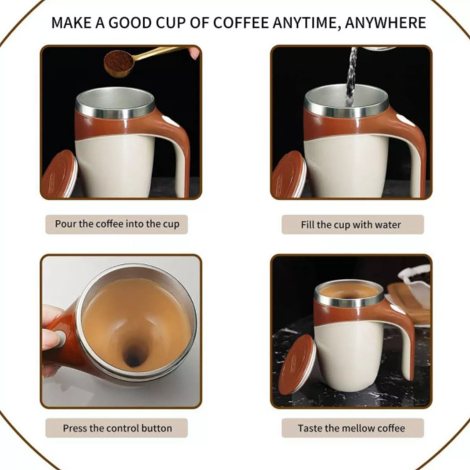 Tragbarer Magnetischer Kaffeebecher, 380 Ml, Vollautomatisch, Edelstahl, Kaffeefarben.
