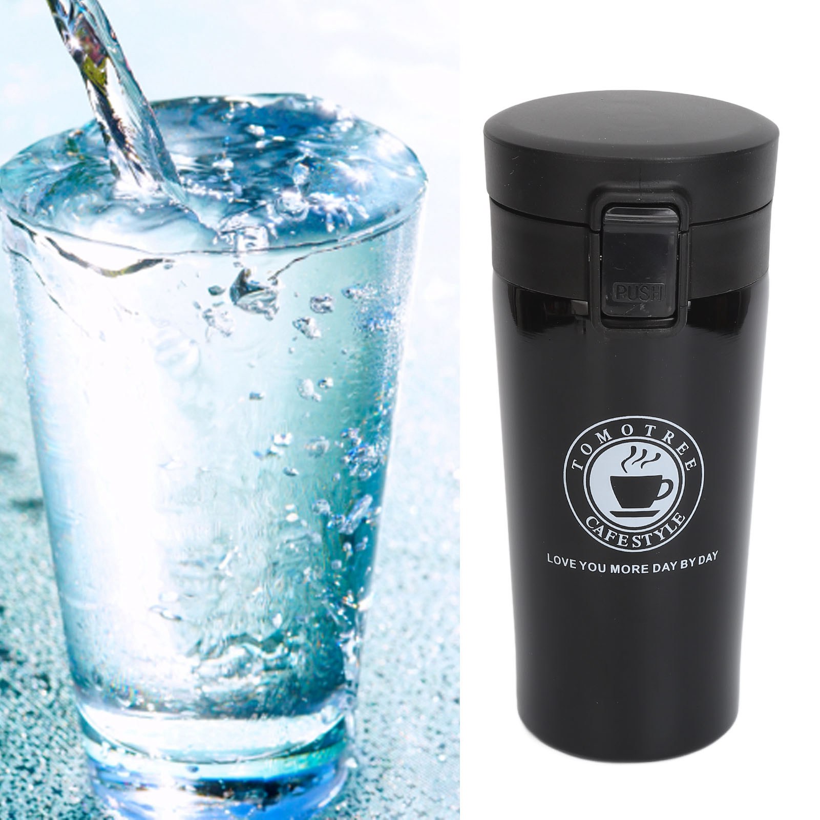 Tragbarer, Isolierter Becher Aus Doppelwandigem Edelstahl Mit Leicht Zu Öffnendem Deckel, Ideal Fürs Büro, Fürs Auto Oder Als Geschenk. Schwarz, 380 Ml.