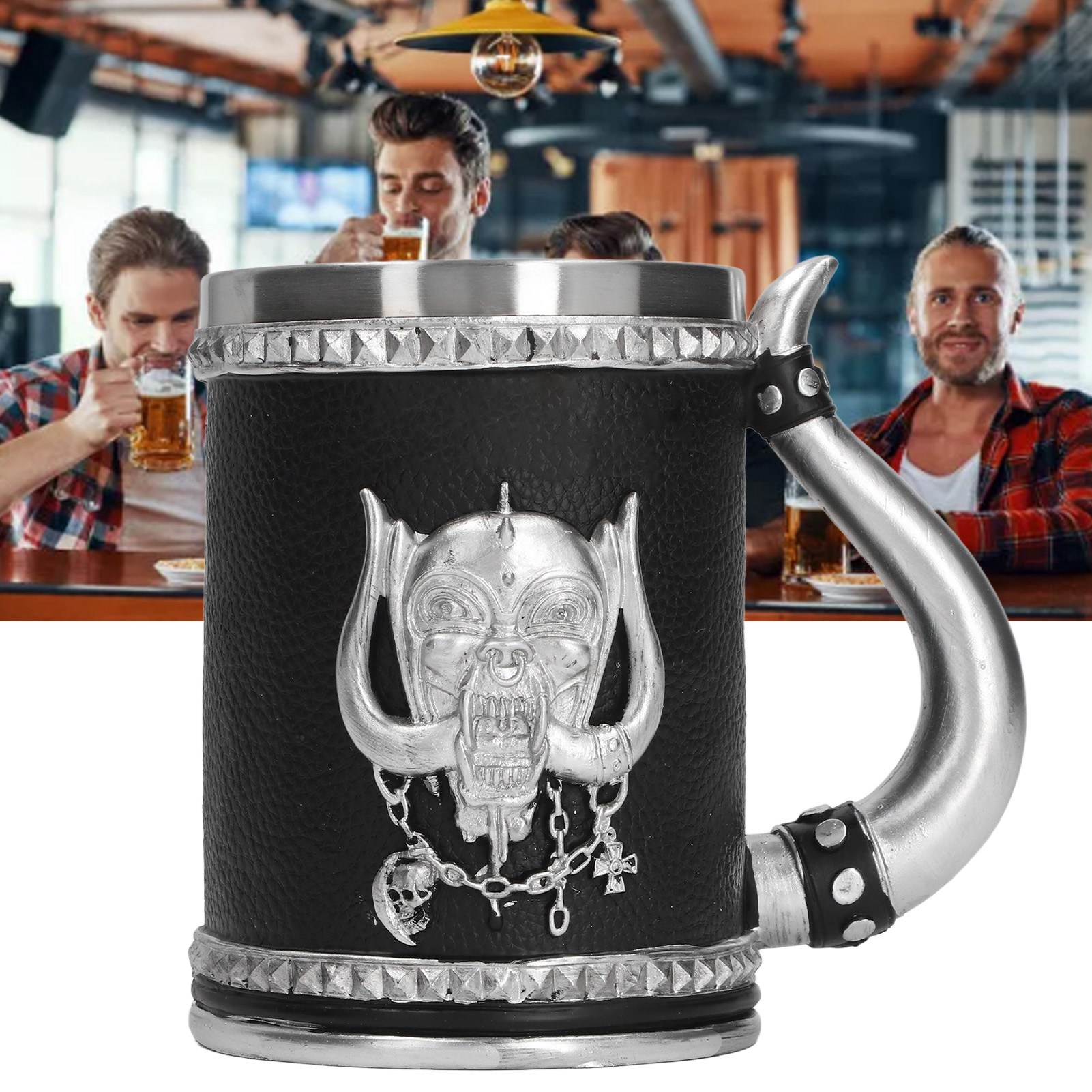 Großer, Kreativer Wikinger-bierkrug Aus Edelstahl Mit Handgefertigtem Harzornament.