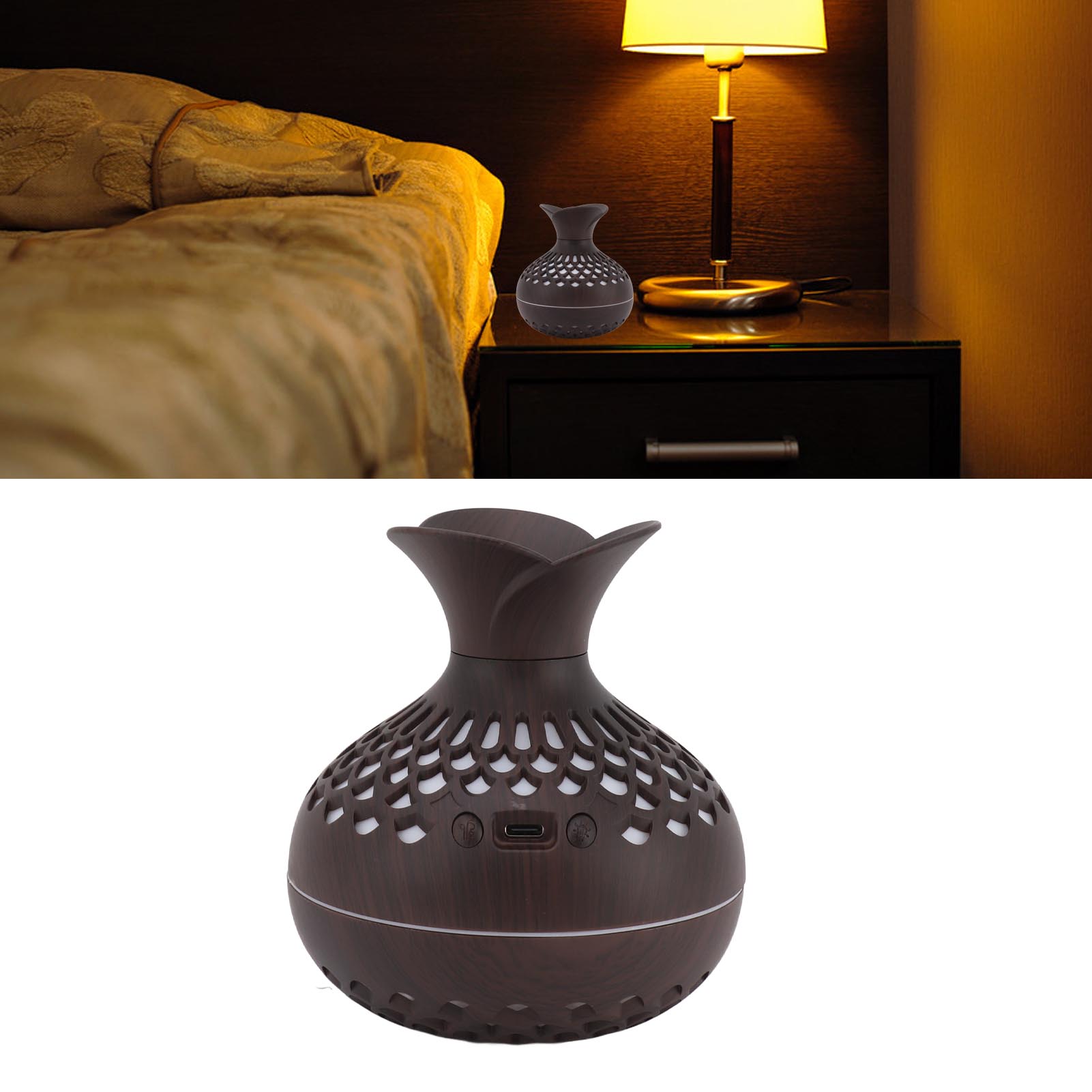 Leiser Usb-luftbefeuchter, 2,5 W, Holzoptik, Mit Integriertem Verdampfer Und Aromadiffusor. Mini-luftbefeuchter, Dunkelbraune Holzoptik.