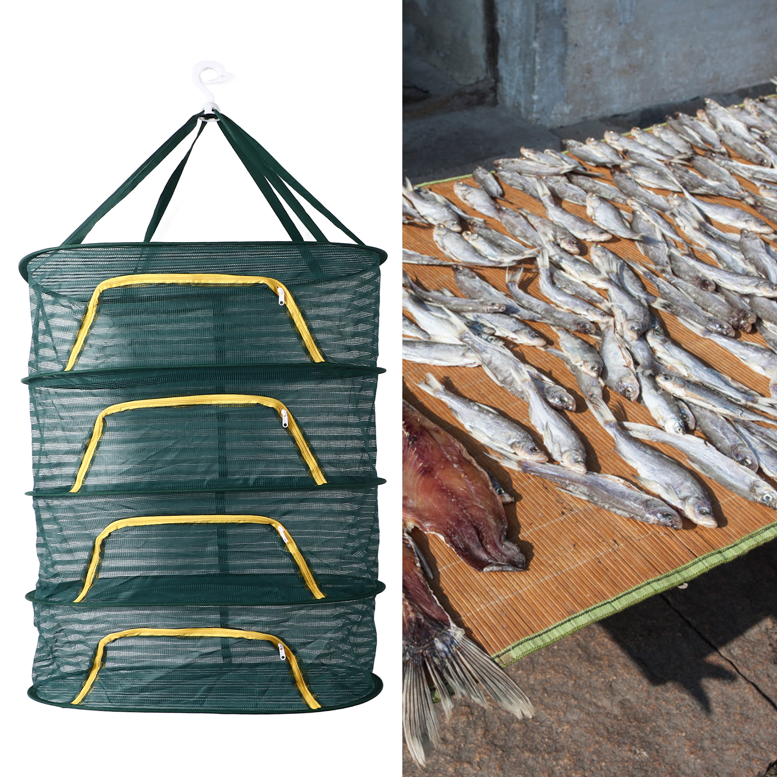 Haushalts-trockennetz Für Gemüse, Fisch Und Andere Trockenwaren. Zusammenklappbarer Trockenkorb Für Radieschen. Mehrstöckiger Lebensmitteltrockenkorb Mit Gurtbandeinfassung. Dunkelgrün.