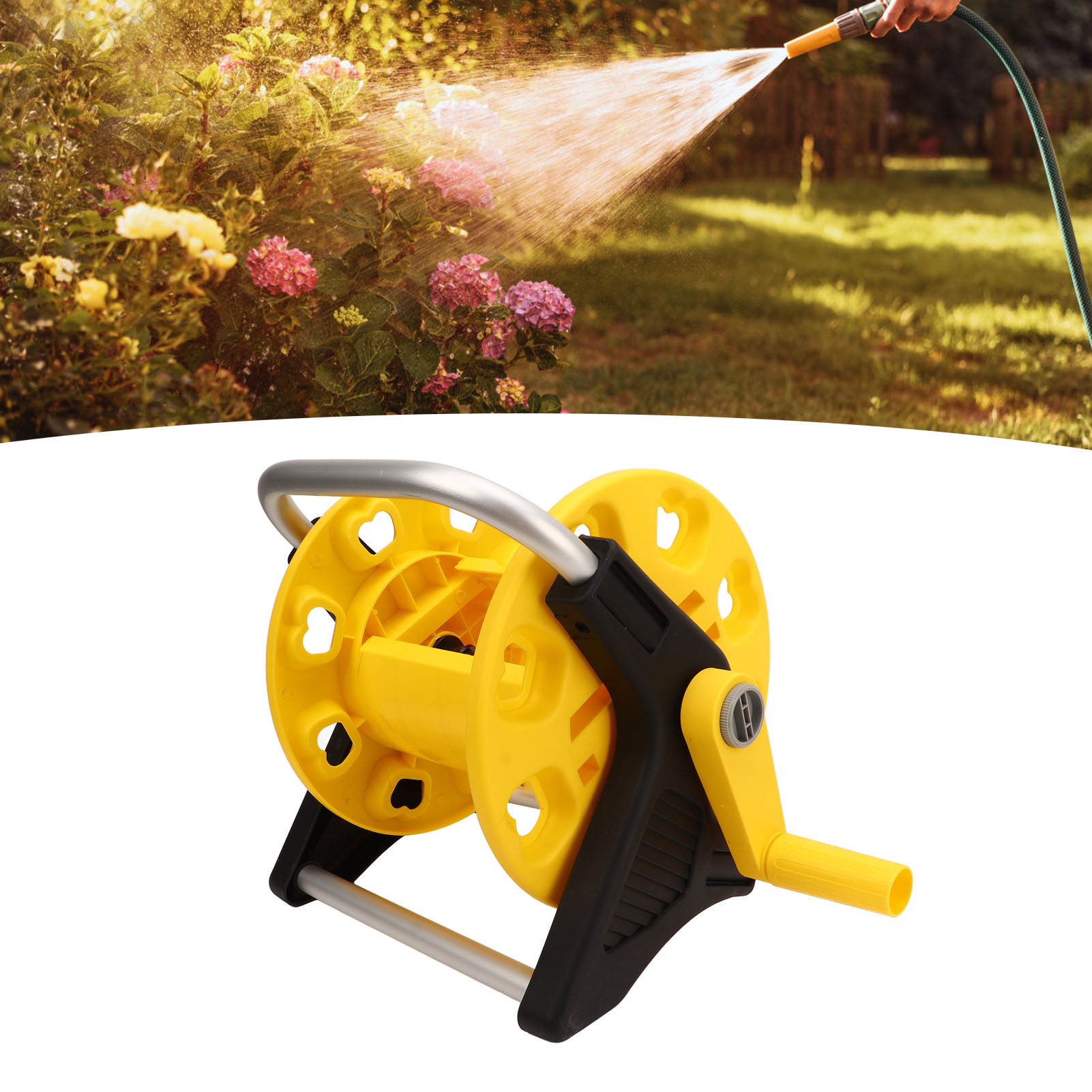 4-punkt-gartenschlauchaufroller, Autowaschbürste, Schiebe-schlauchaufroller-aufbewahrungshalter, Fasst 30 Meter Schlauch, Leicht Zu Verstauen, Gelber Schlauchhalter.