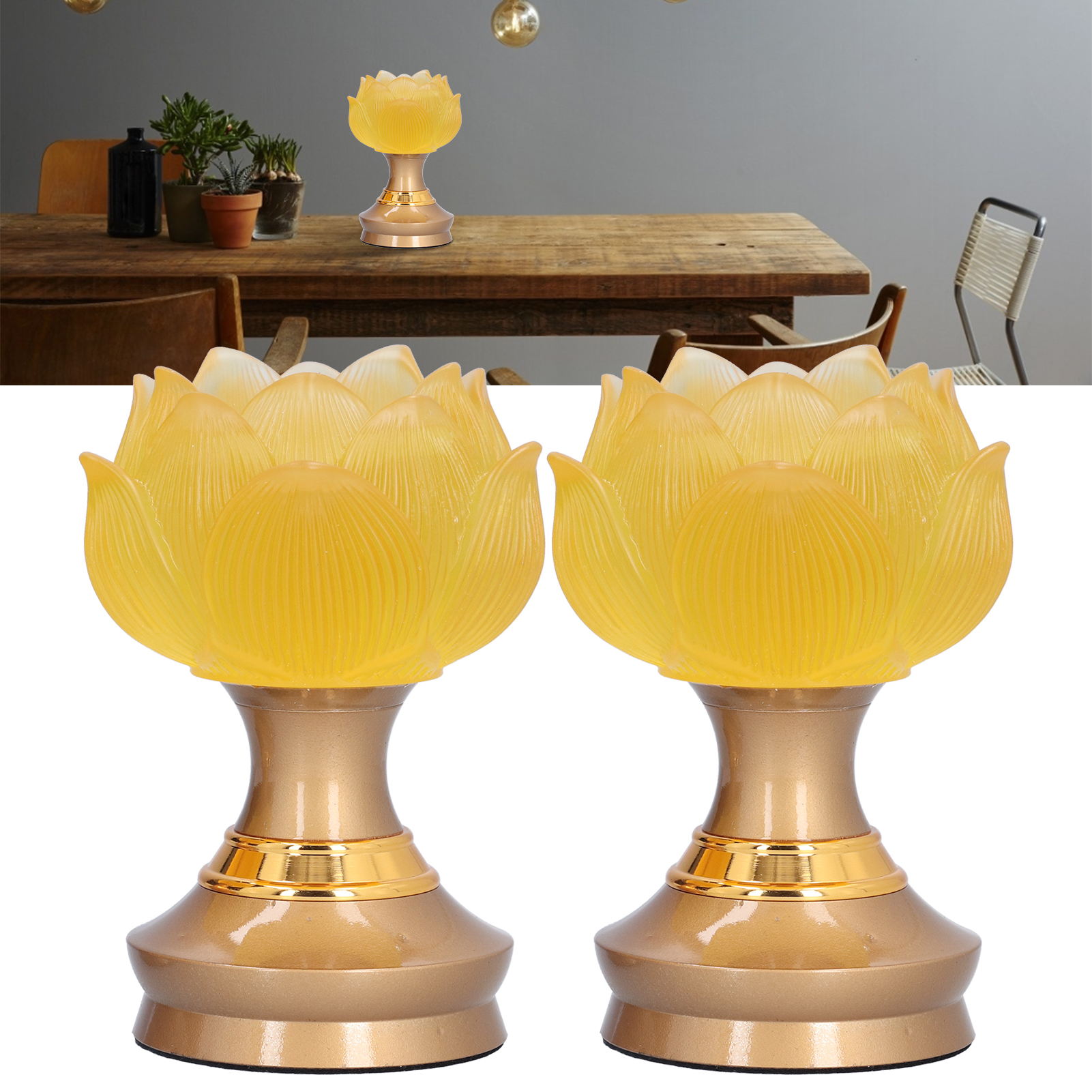 Set Mit 2 Gelben Kristalllotus-led-lampen Zu Verkaufen, Für Den Heimgebrauch, Buddhistische Opferlampen, Steckdosenlampen, Buddhistische Artikel, Europäischer Standard 100-240 V