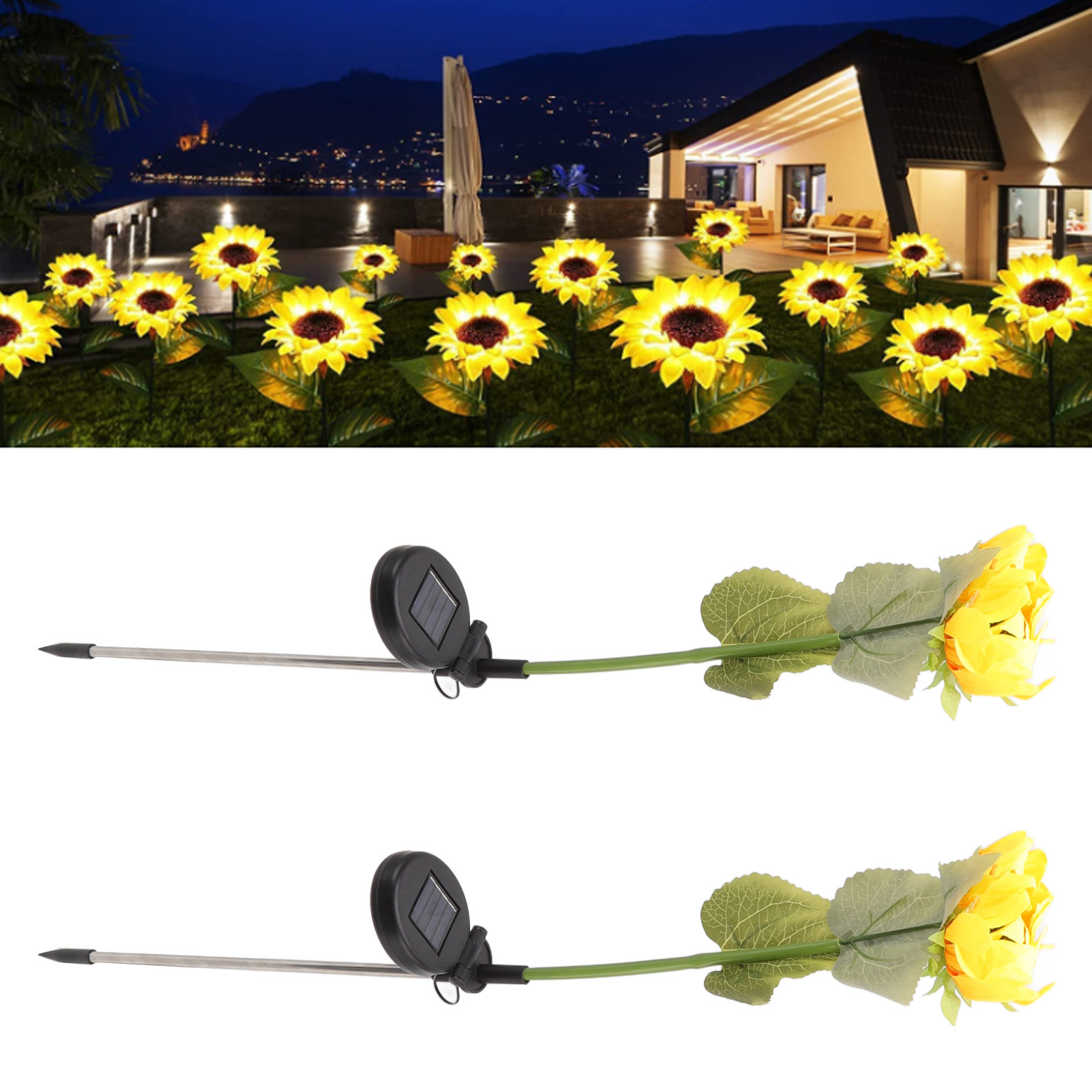 Set Mit 2 Sonnenblumenförmigen Led-solar-gartenleuchten, Wasserdichte Dekorative Außenbeleuchtung Für Garten Und Hof