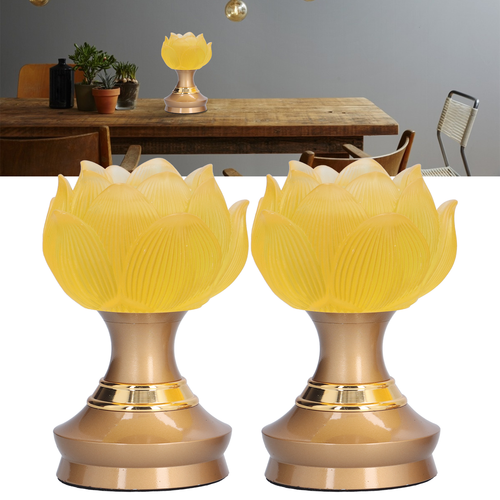 Set Mit 2 Gelben Glaslampen, 3 Geschwindigkeiten, Kristall-led, Lotuslampe Für Den Heimgebrauch, Buddhistische Opferlampe, Steckerlampe, Buddhistische Artikel, Europäischer Standard 100-240 V